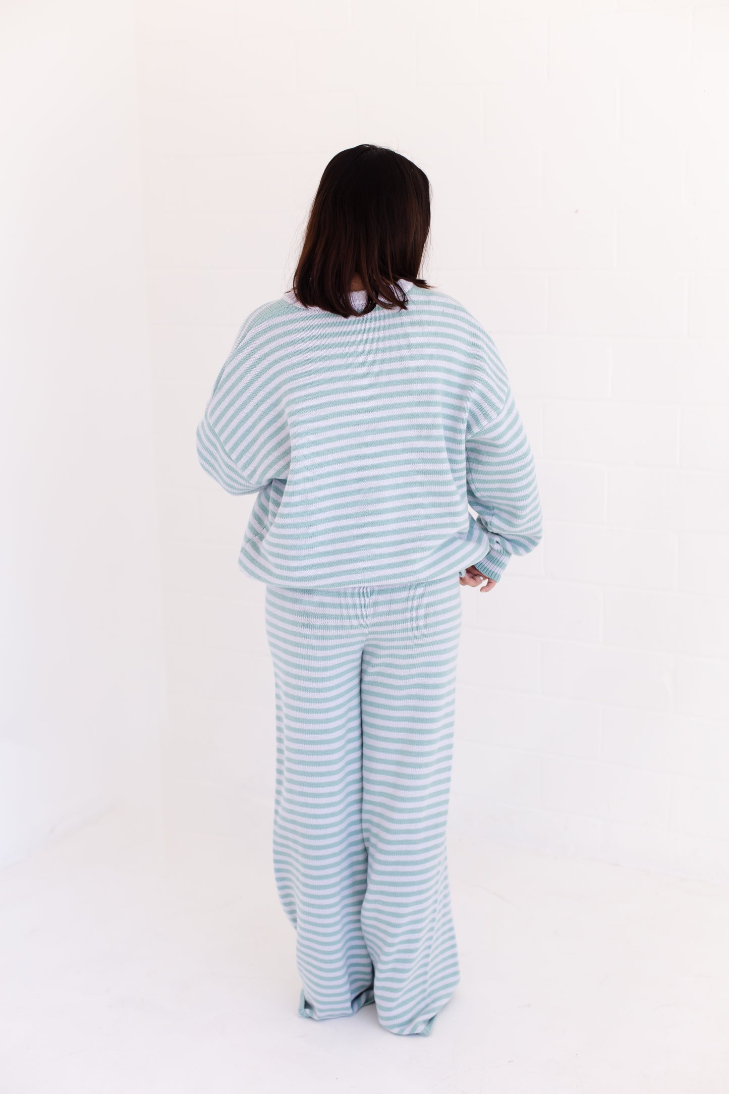 Long Sleeve Crew Neck Stripe Sweater With Wide Leg Pants