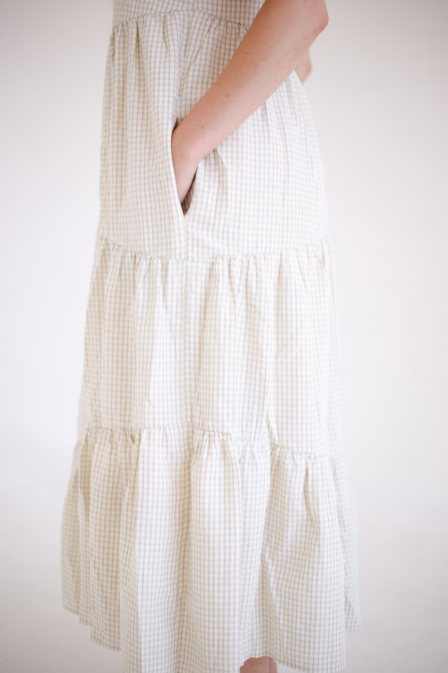 Taupe & Cream Plaid Asymmetrical Tiered Midi Dress
