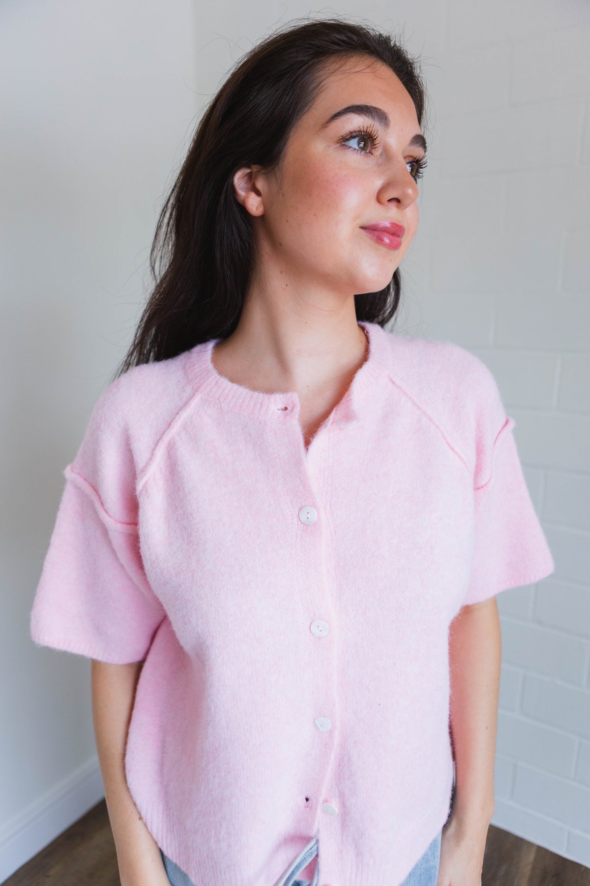 Pink Short Sleeve Sweater Cardigan