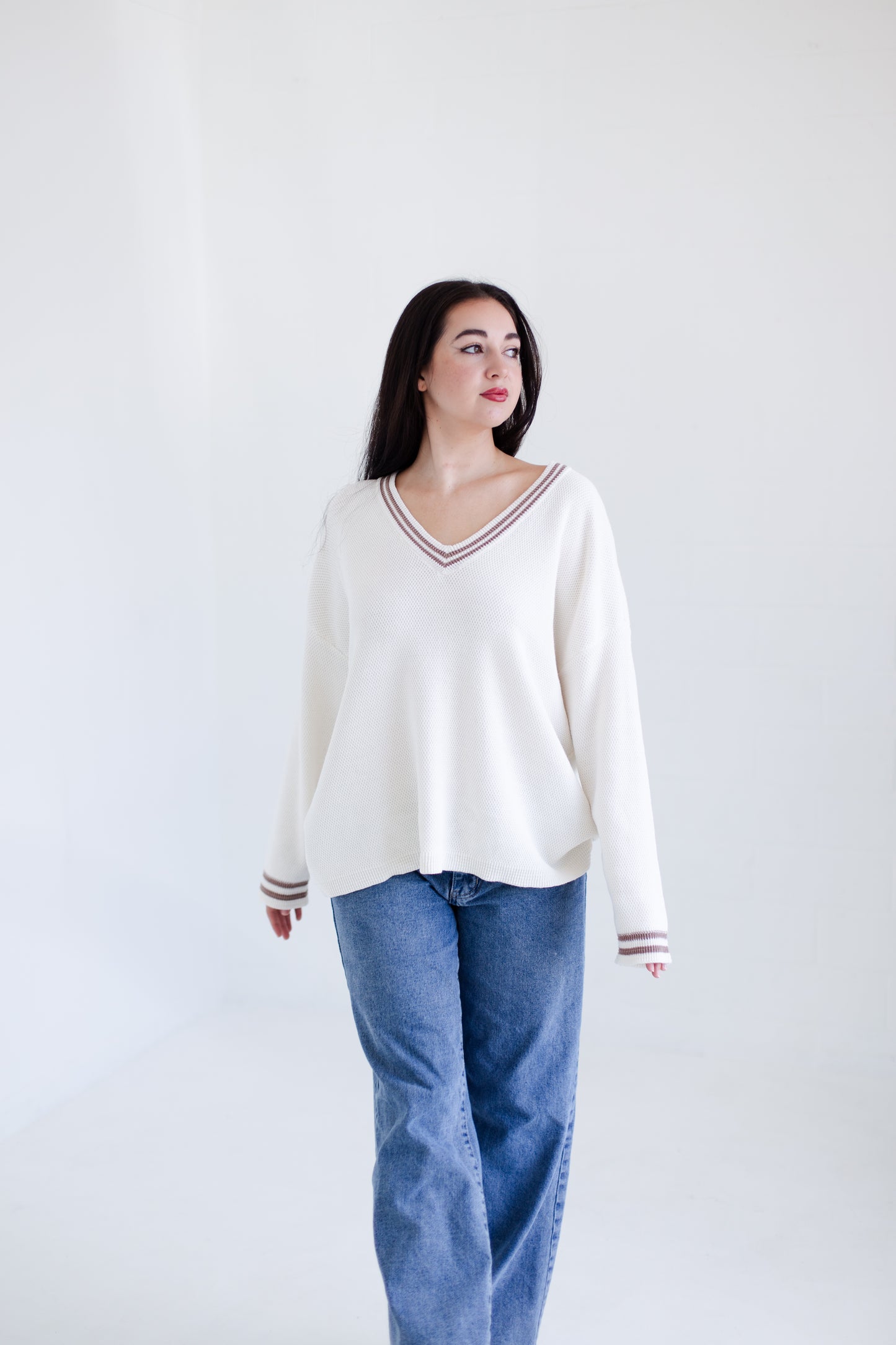 Ivory Court Side V-neck Sweater