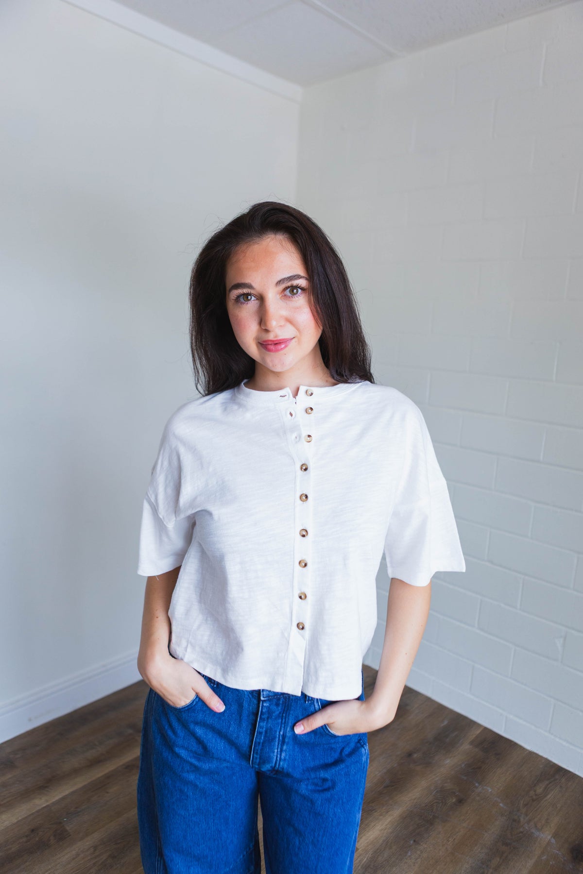 White Button Down Round Neck Half Sleeve Top