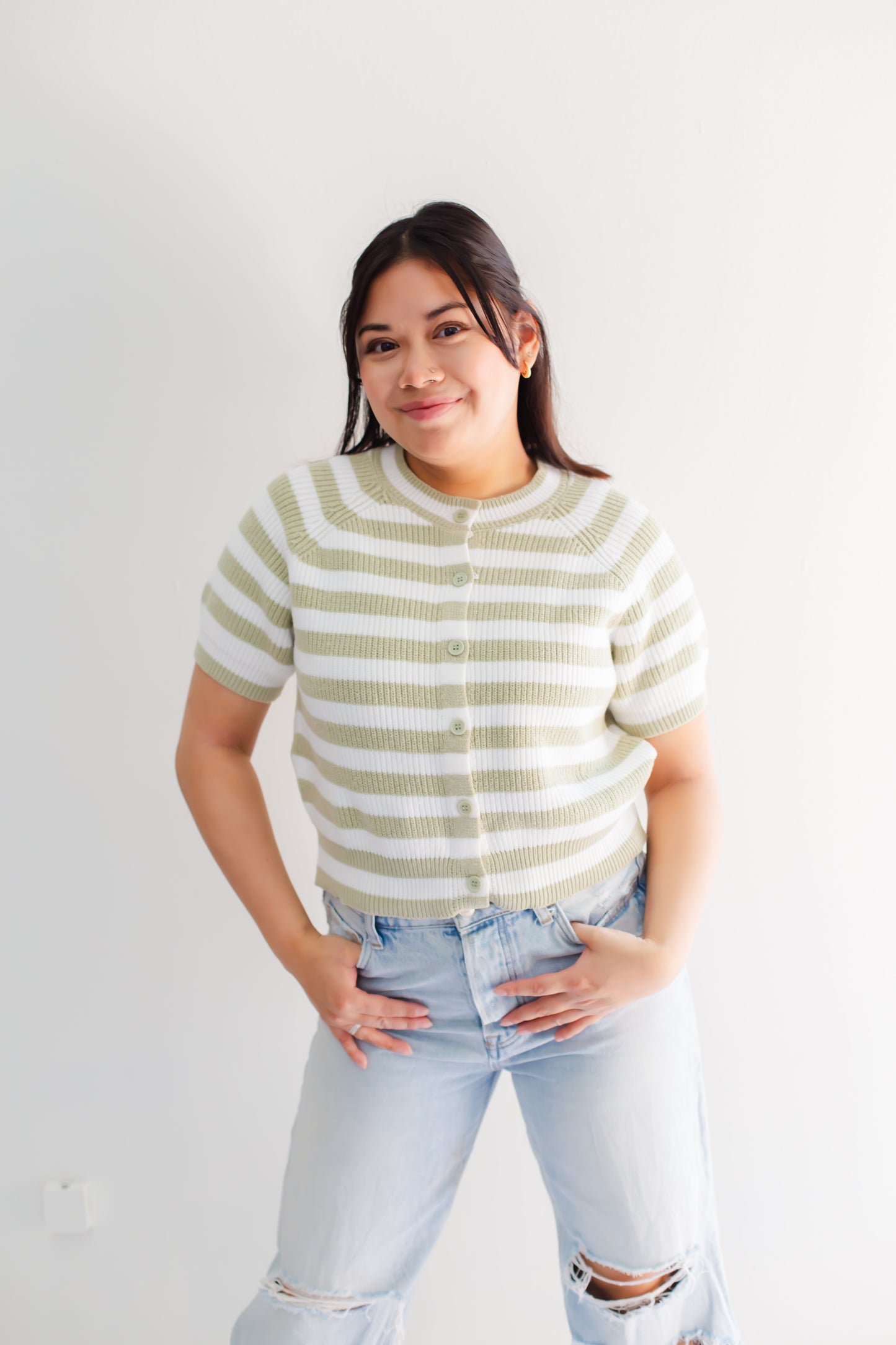 Raglan Short Sleeve Crew Neck  Sage & White Stripped Boxy Sweater