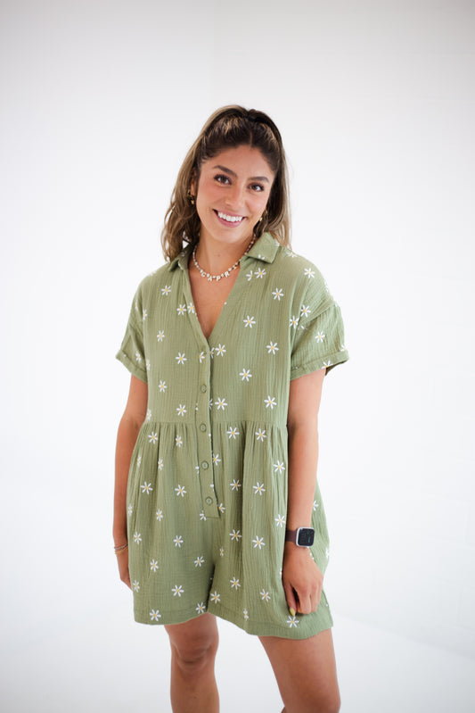 Olive Button Up Floral Romper
