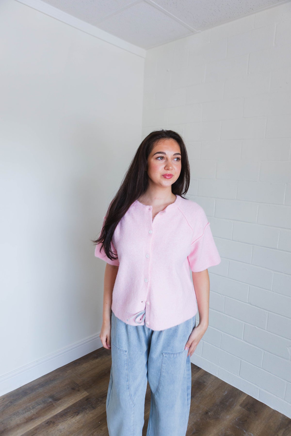 Pink Short Sleeve Sweater Cardigan
