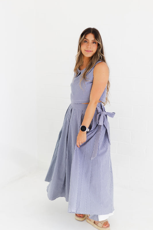 Navy Sleeveless Collar Top & Skirt Set