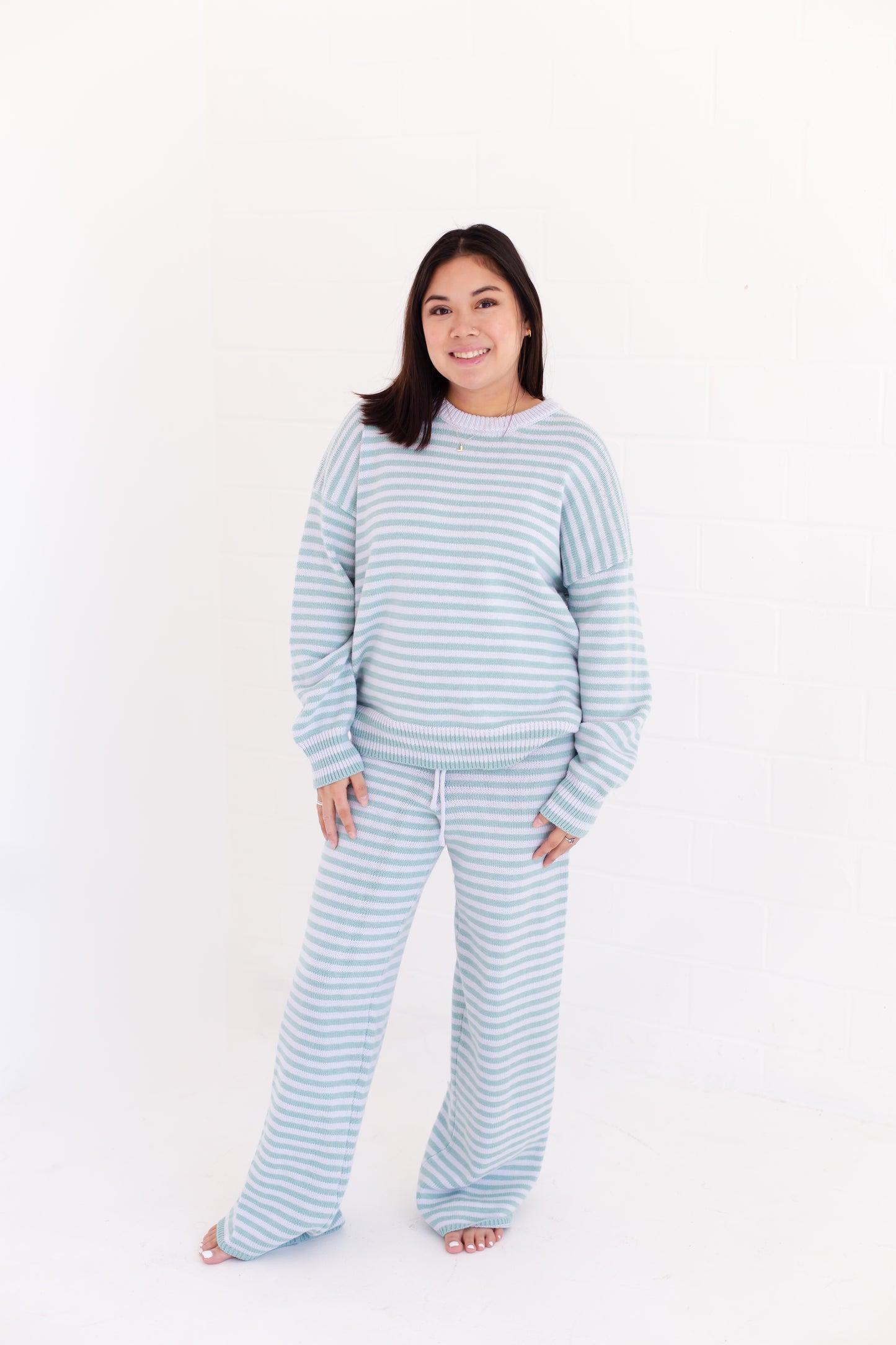 Long Sleeve Crew Neck Stripe Sweater With Wide Leg Pants