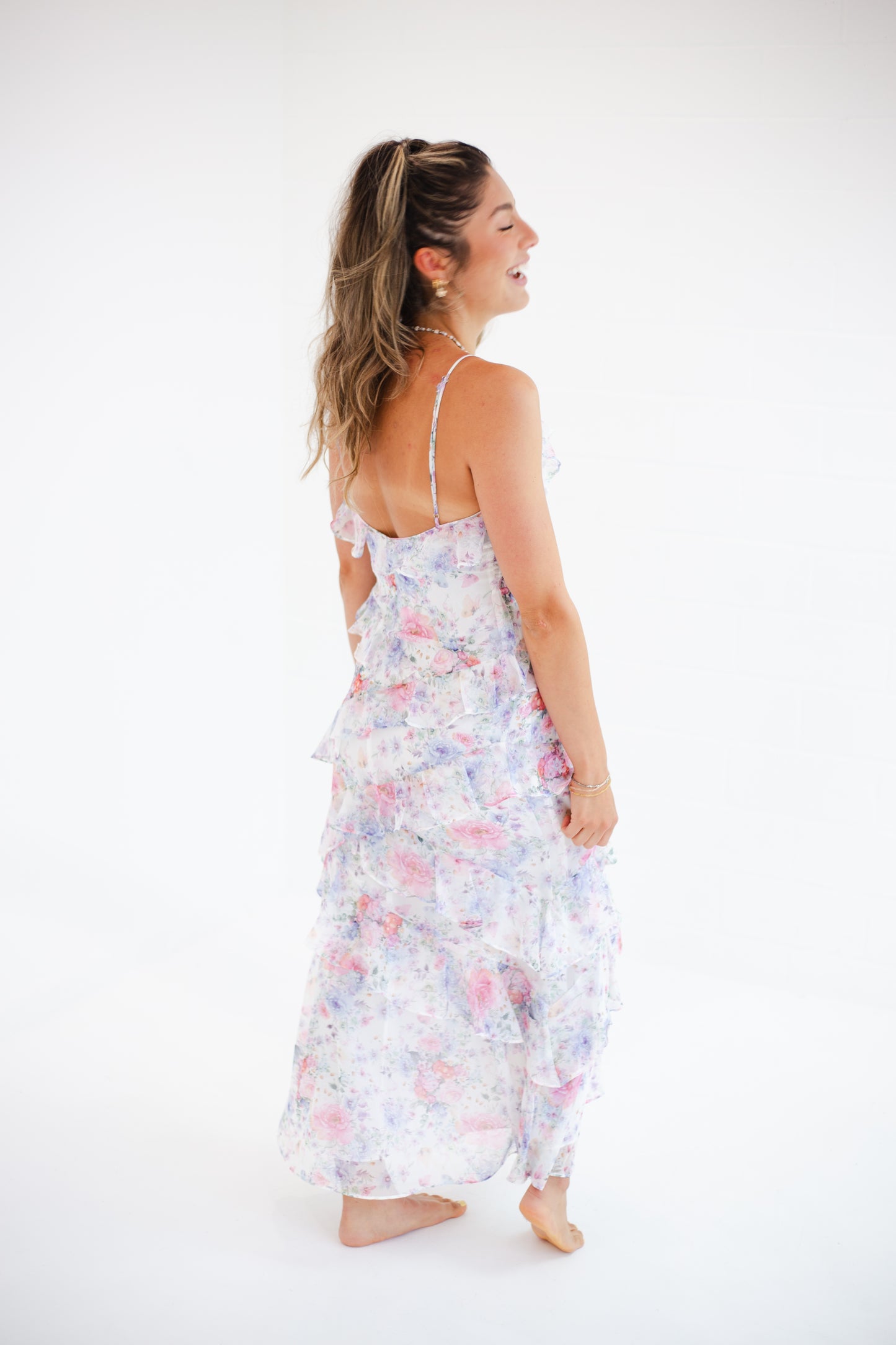White Floral Ruffled Maxi Dress