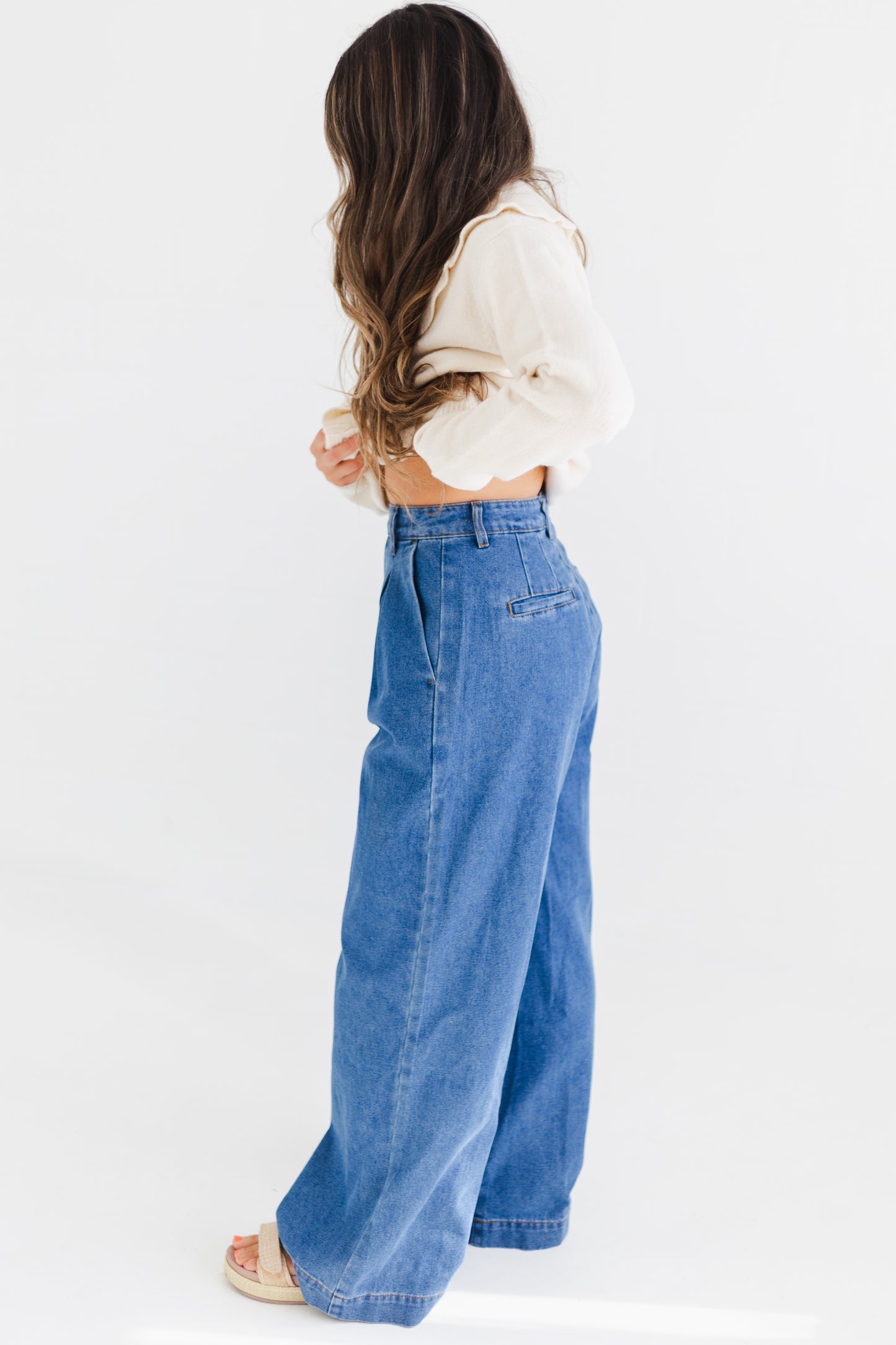 Medium Denim Pleated Wide Leg Denim Trousers