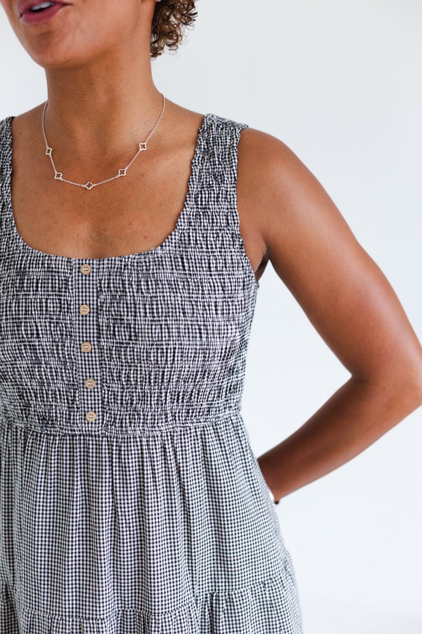Black & White Gingham Plaid Tiered Midi Dress