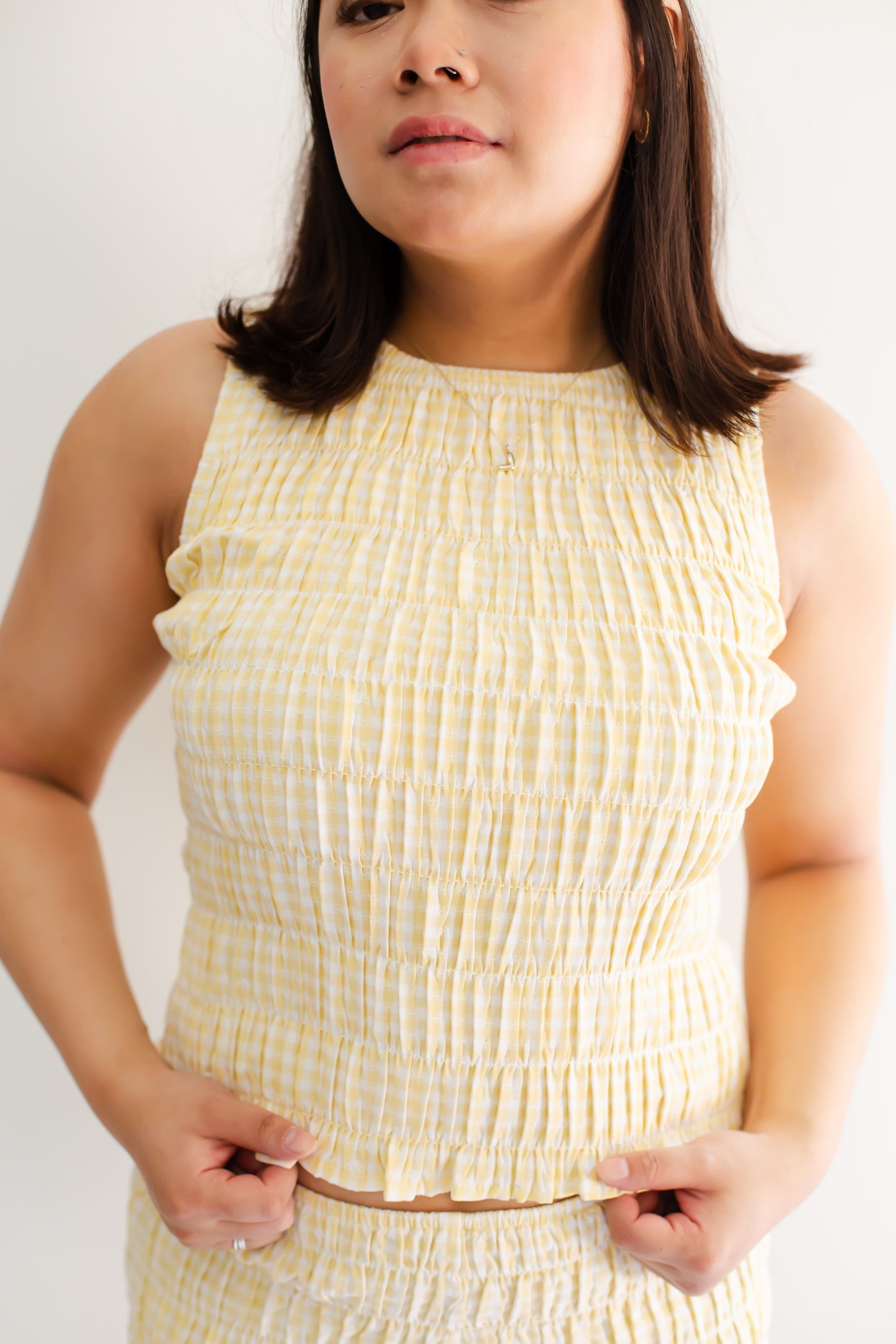 Light Yellow Round Neck Shirring Gingham Top