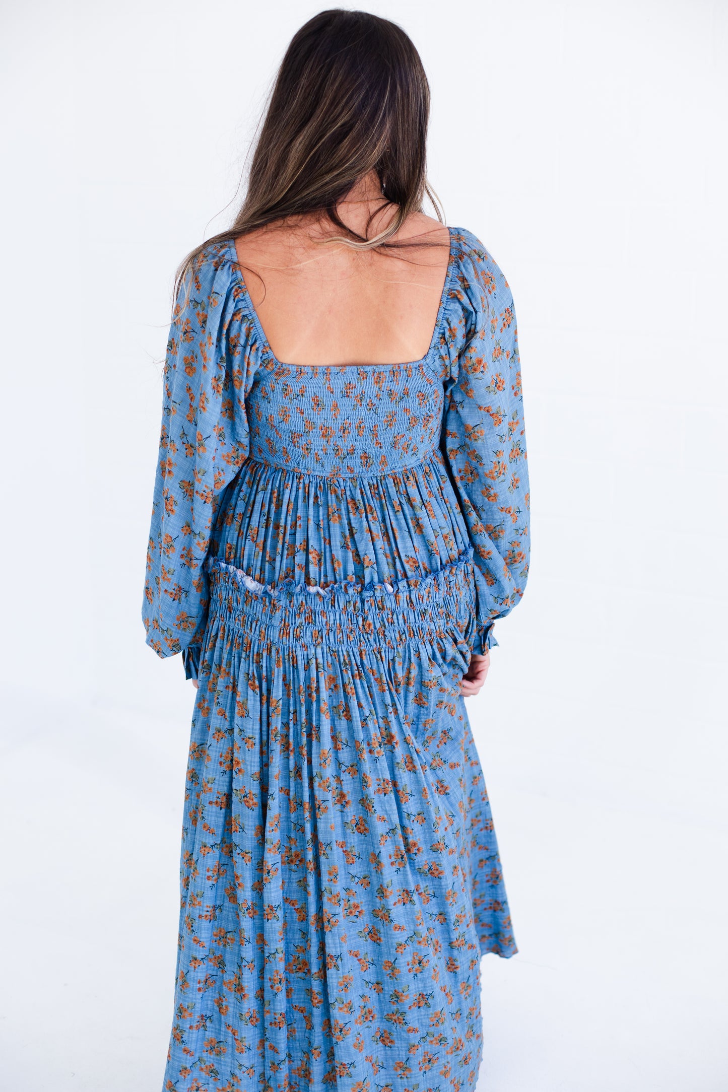 Denim Blue Floral Long Sleeve Maxi