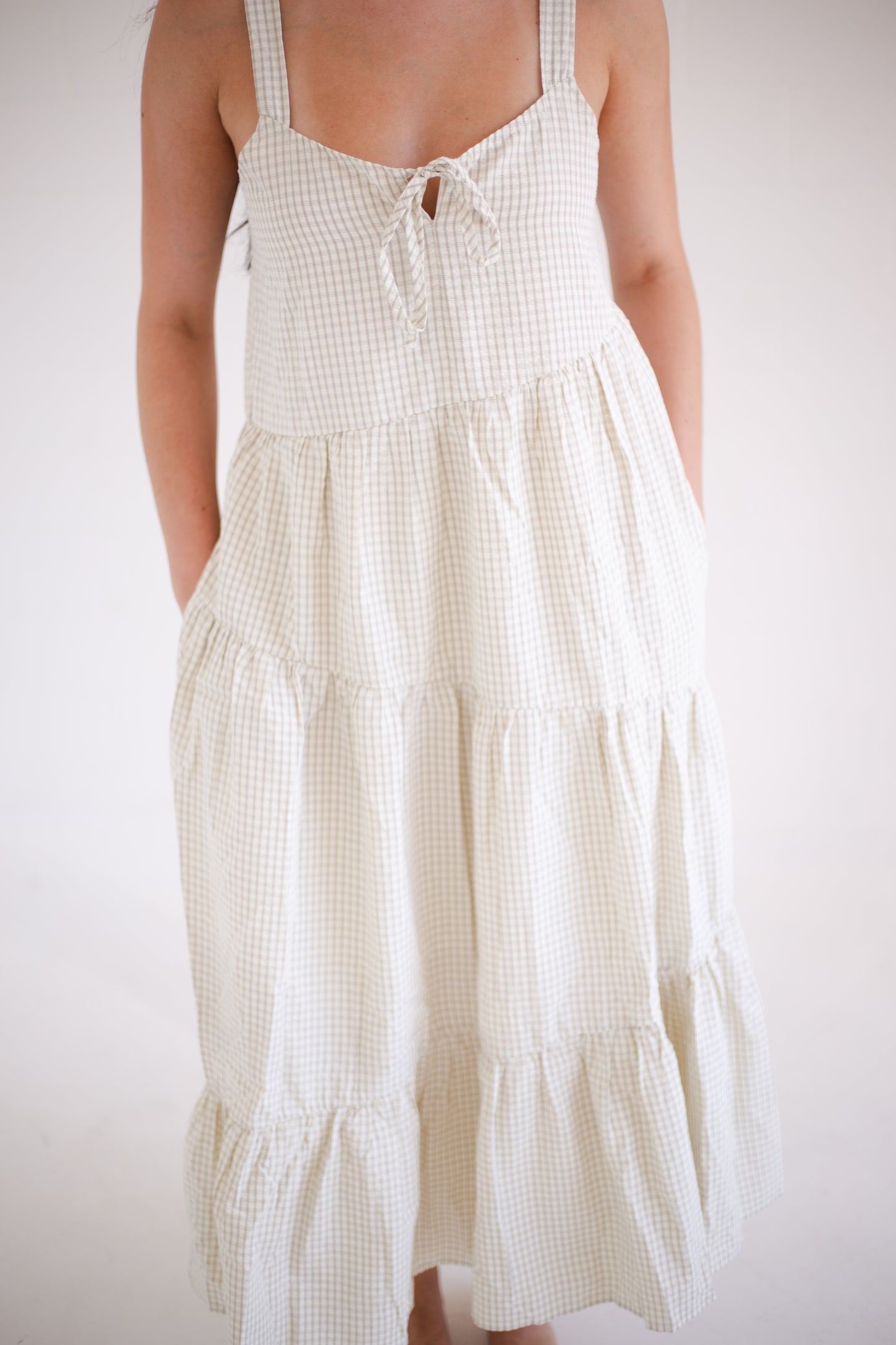 Taupe & Cream Plaid Asymmetrical Tiered Midi Dress