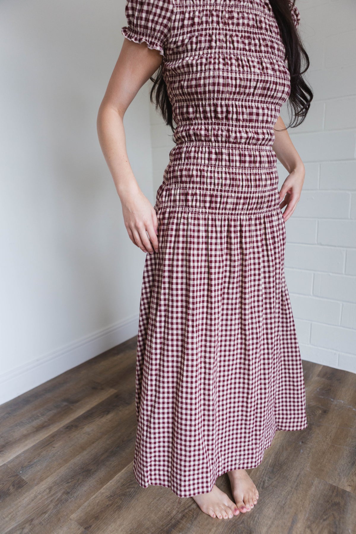 Burgundy Taupe Gingham Maxi Dress
