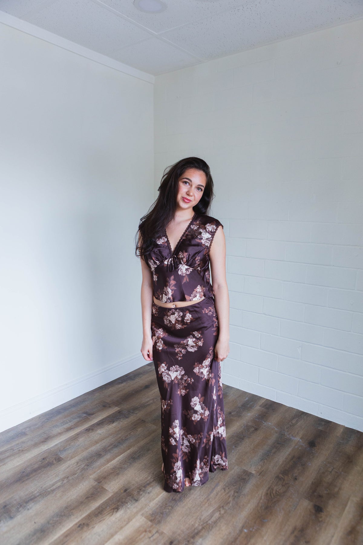 Brown & Cream Floral Satin V Neck Top