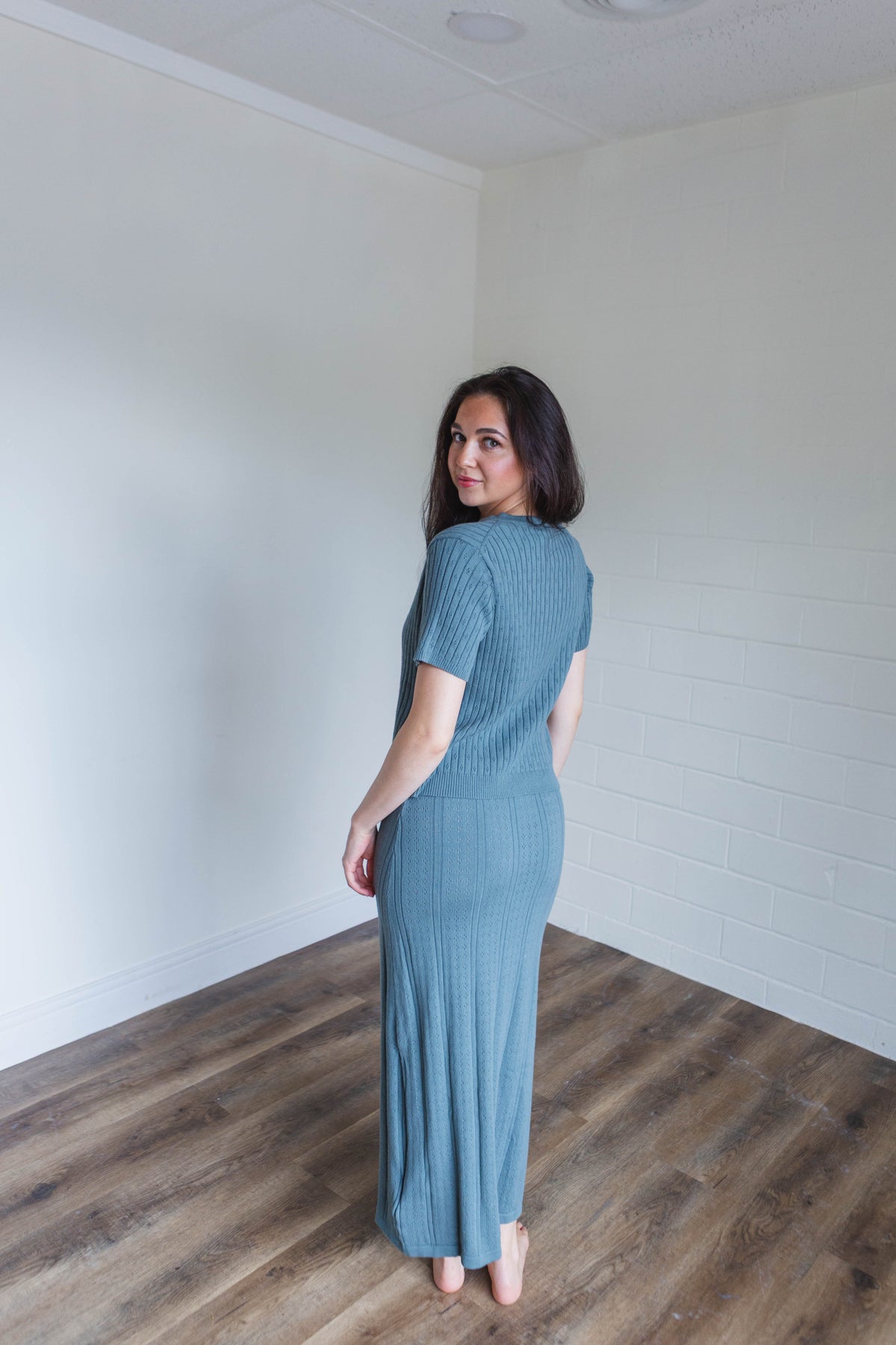 Teal Ribbed Button Top Midi Skirt Set