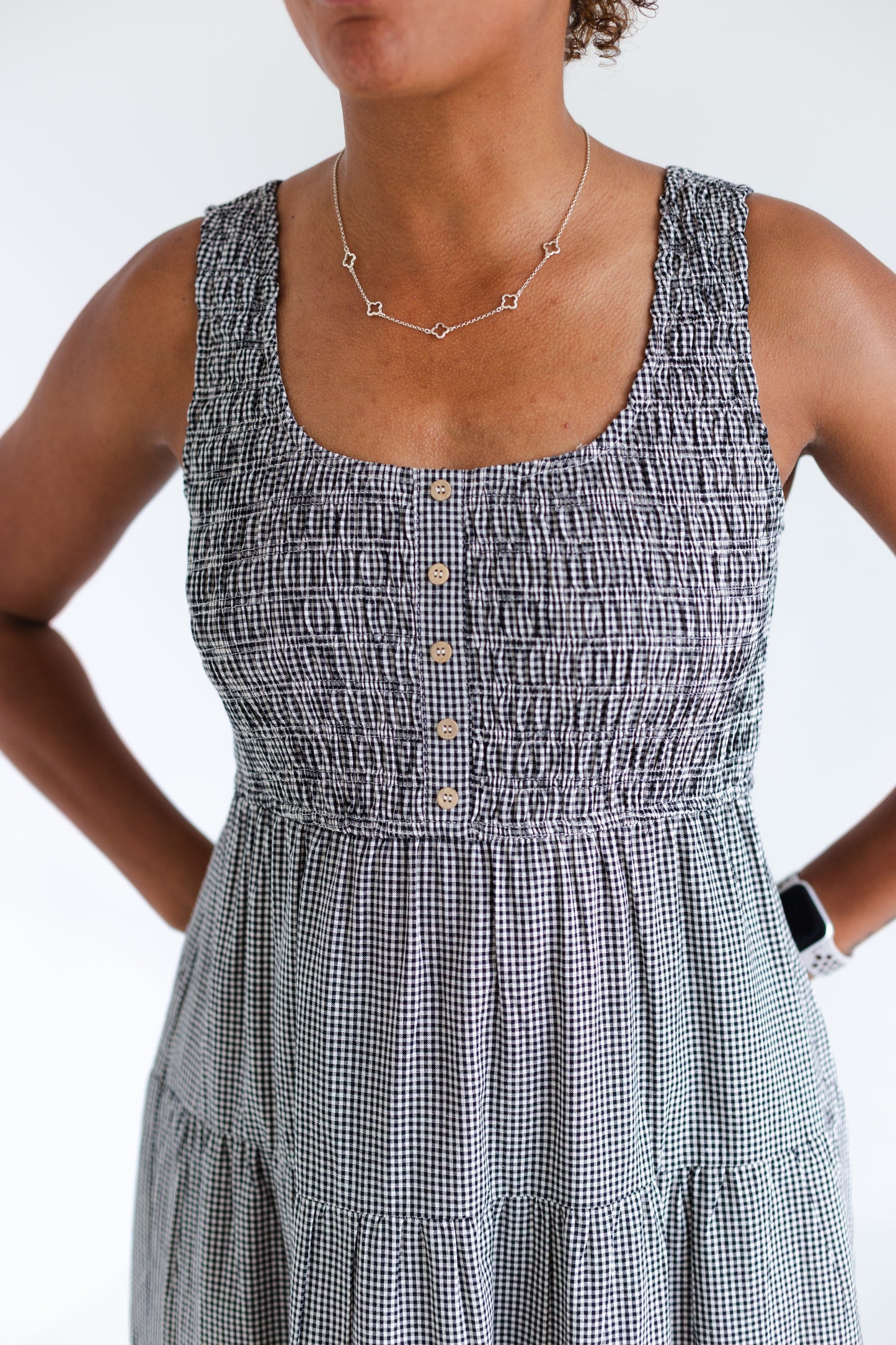 Black & White Gingham Plaid Tiered Midi Dress