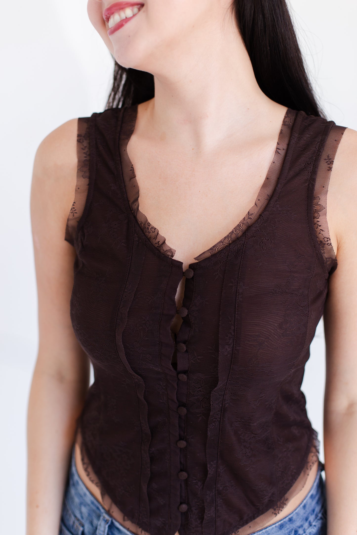 Chocolate Mesh Lace Button Down Sleeveless Top