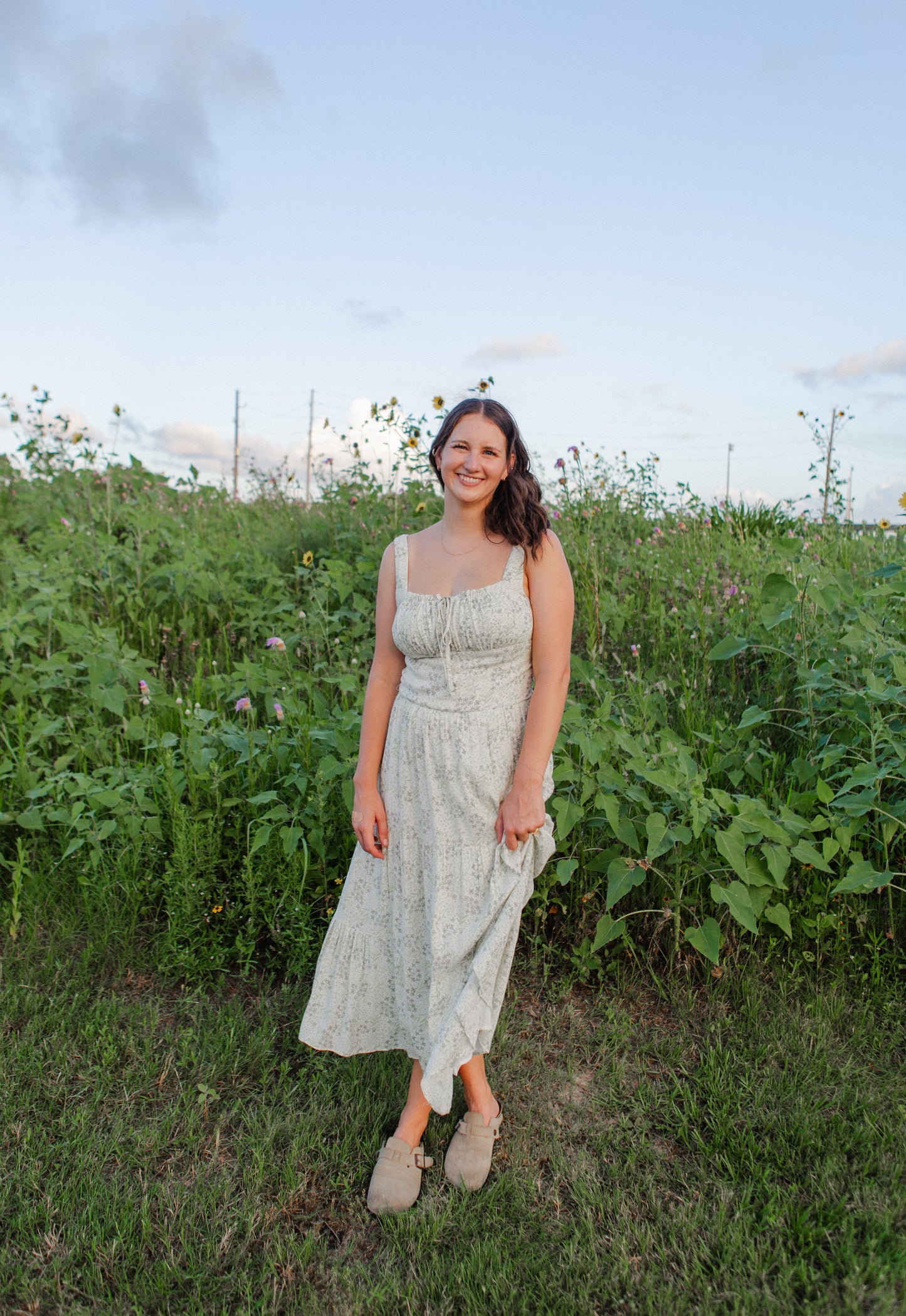 Ivory Green Floral Midi Dress