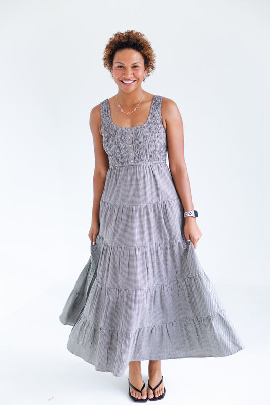 Black & White Gingham Plaid Tiered Midi Dress