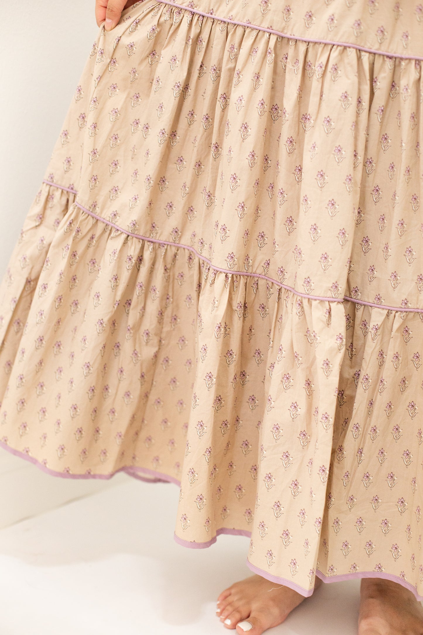 Taupe Floral Smocked Bodice Tiered Midi Dress