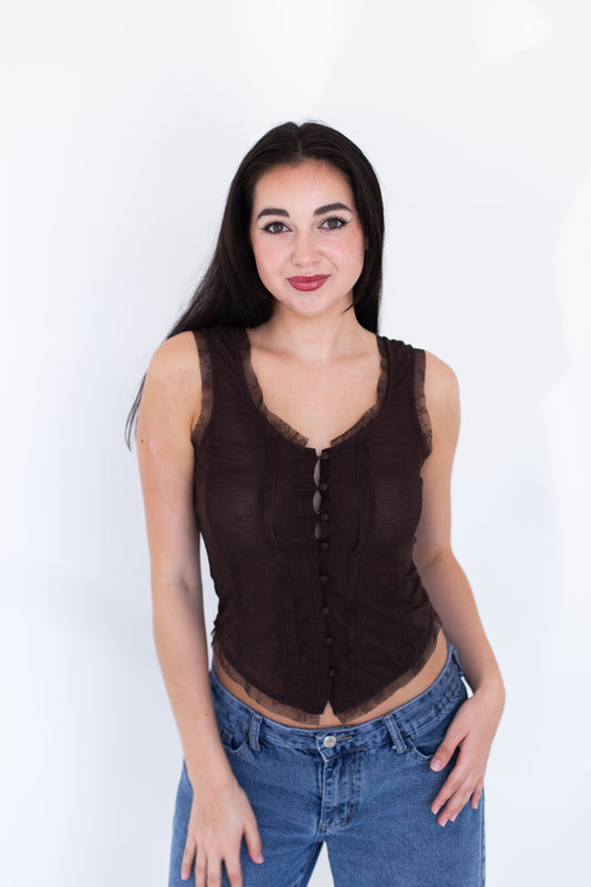Chocolate Mesh Lace Button Down Sleeveless Top