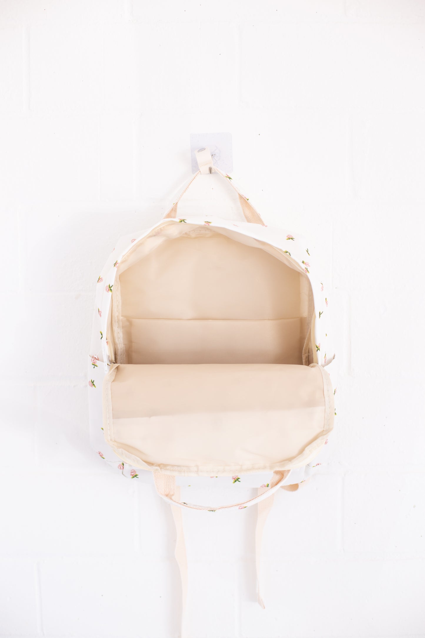 Cream Rose Print Canvas Backpack