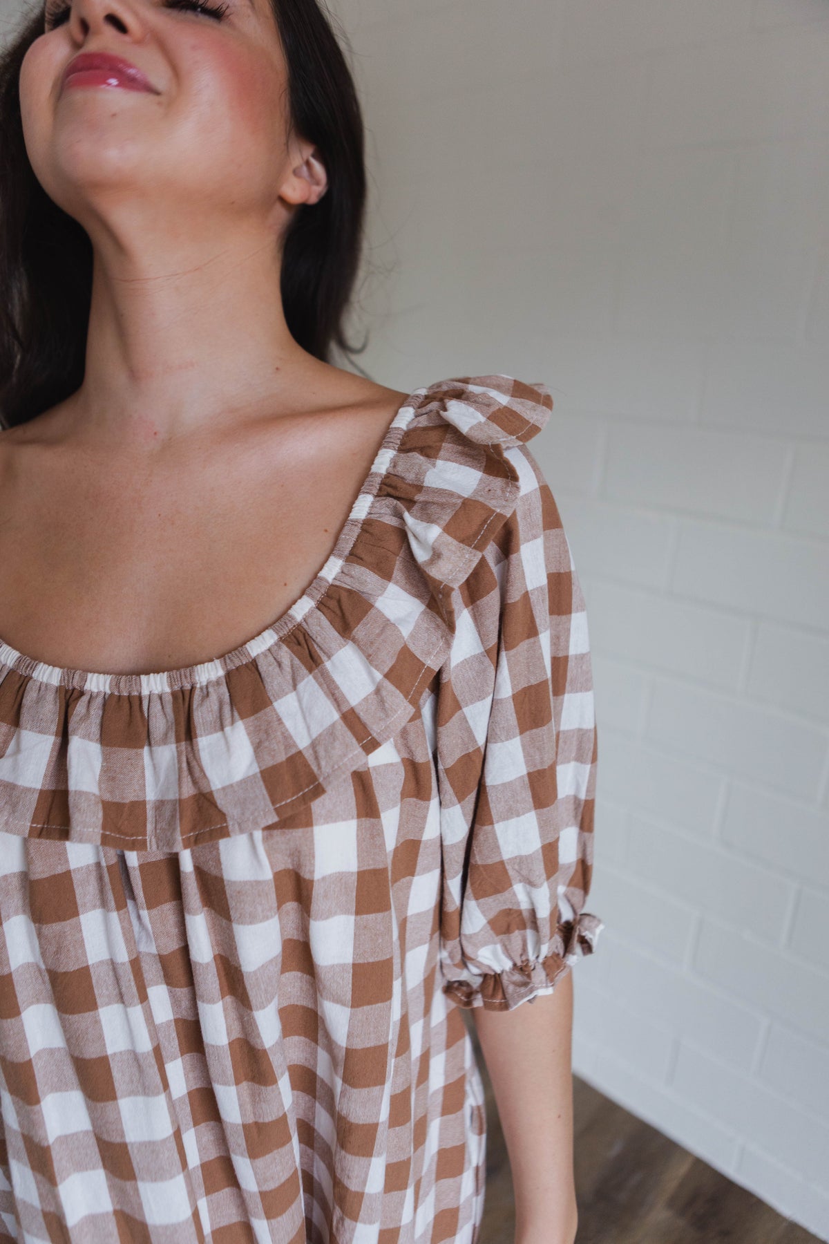 Mocha & White Gingham Ruffled Mini Dress