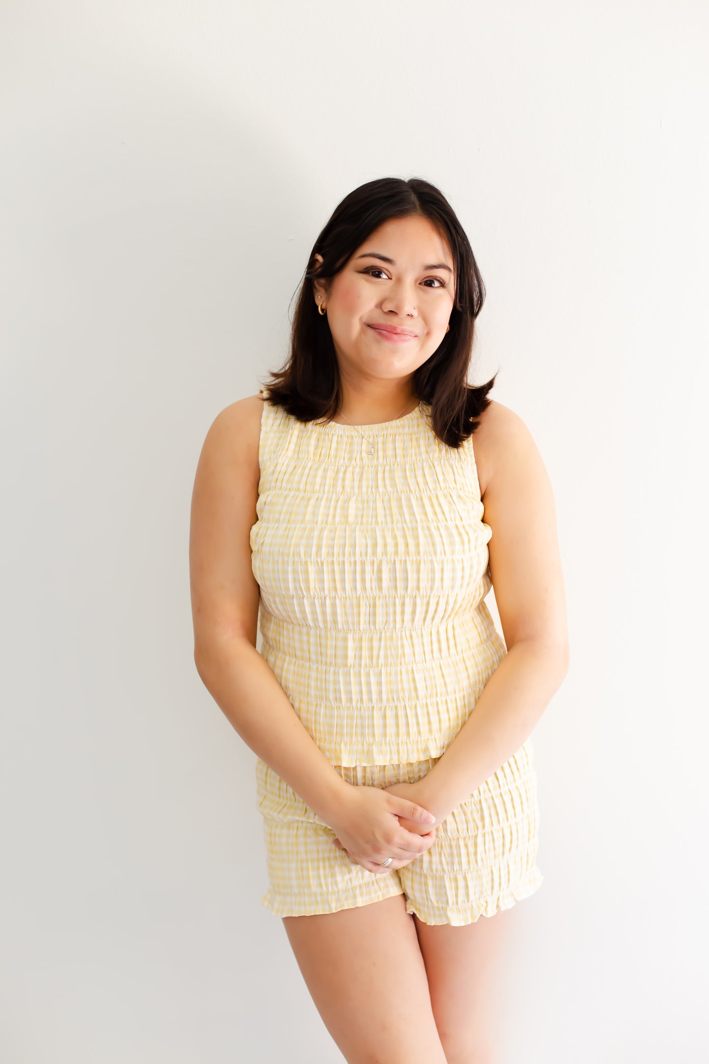 Light Yellow Round Neck Shirring Gingham Top