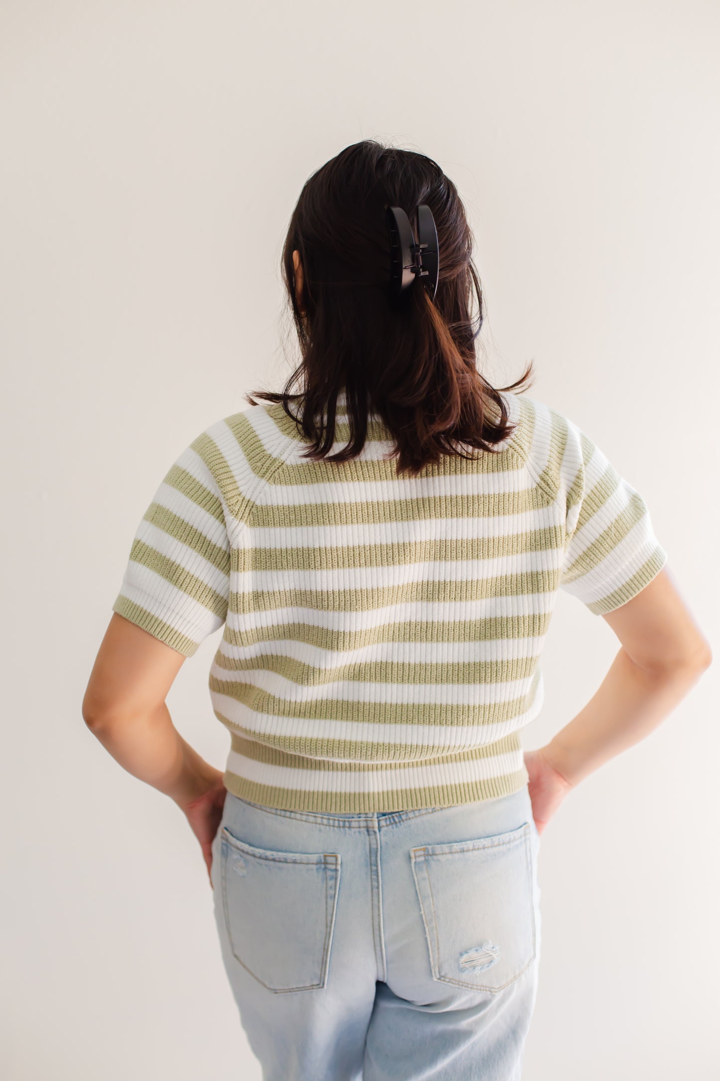 Raglan Short Sleeve Crew Neck  Sage & White Stripped Boxy Sweater