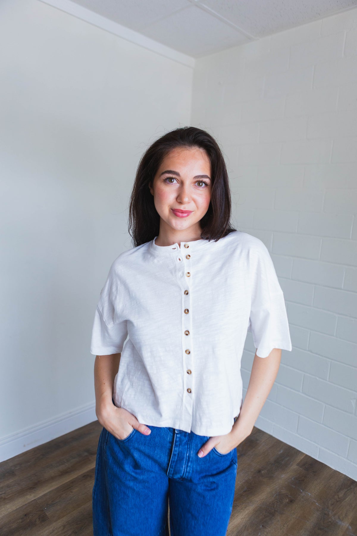 White Button Down Round Neck Half Sleeve Top