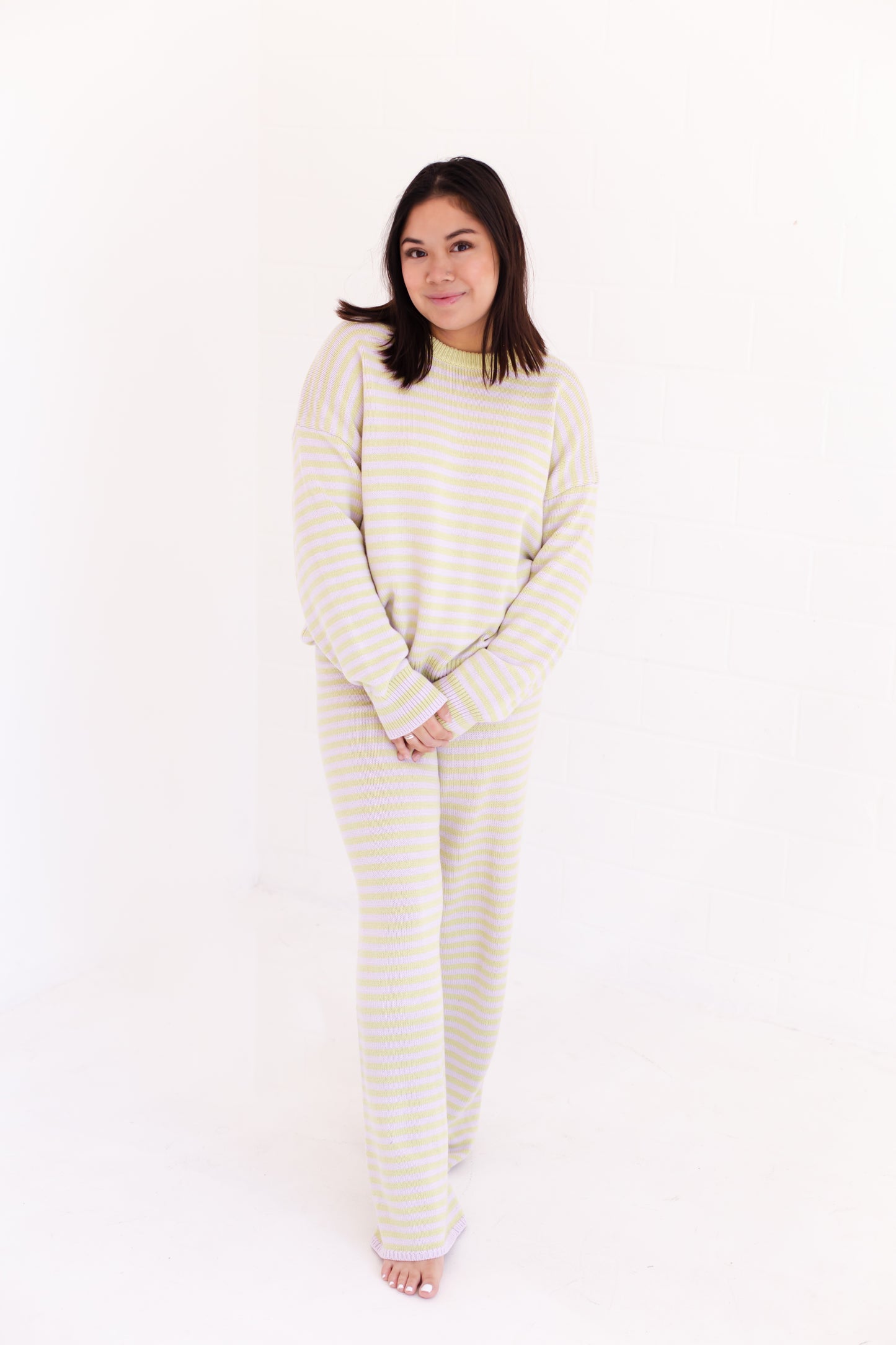 Long Sleeve Crew Neck Stripe Sweater With Wide Leg Pants