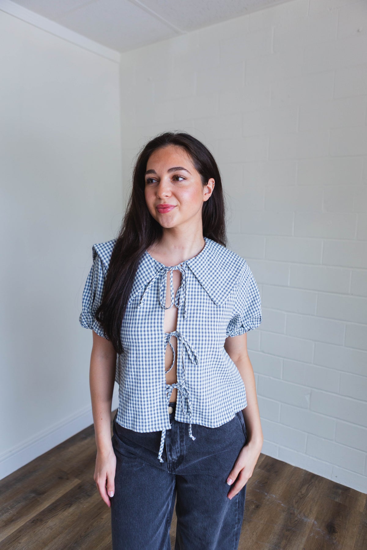 Blue Gingham Patterned Bow Tie Top
