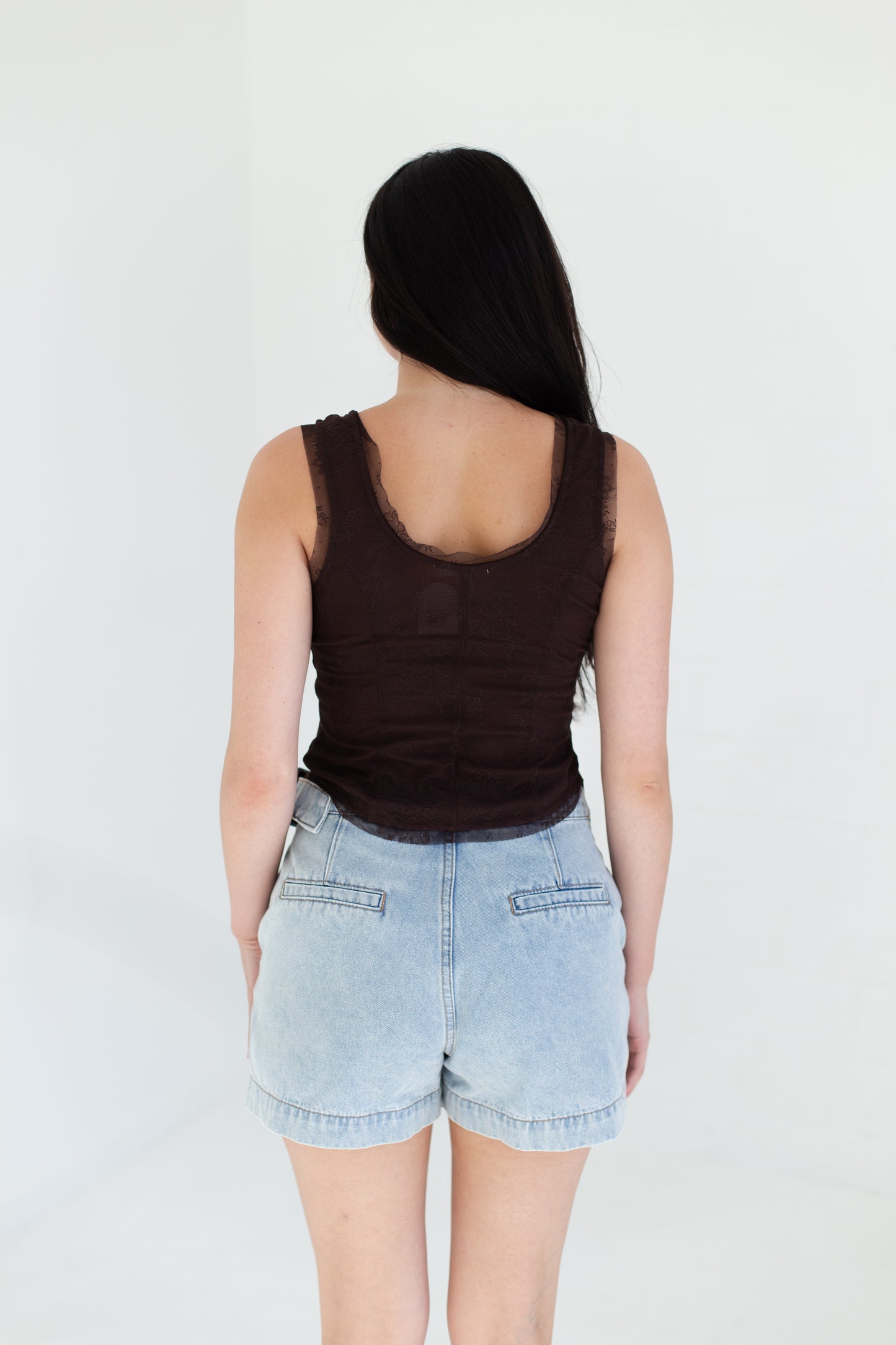 Chocolate Mesh Lace Button Down Sleeveless Top