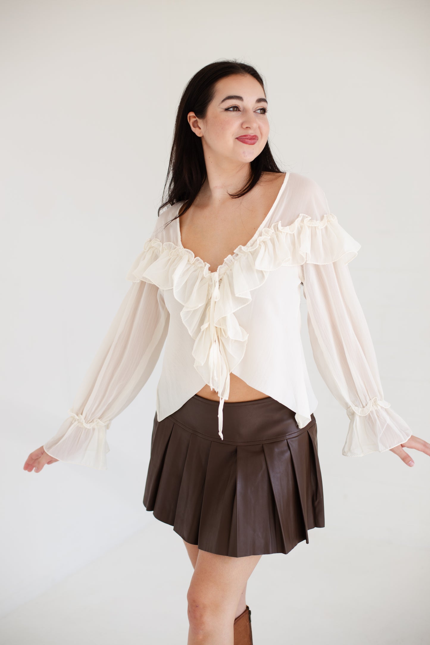 Ivory Sheer Long Sleeve Ties Ruffled Lace Blouse