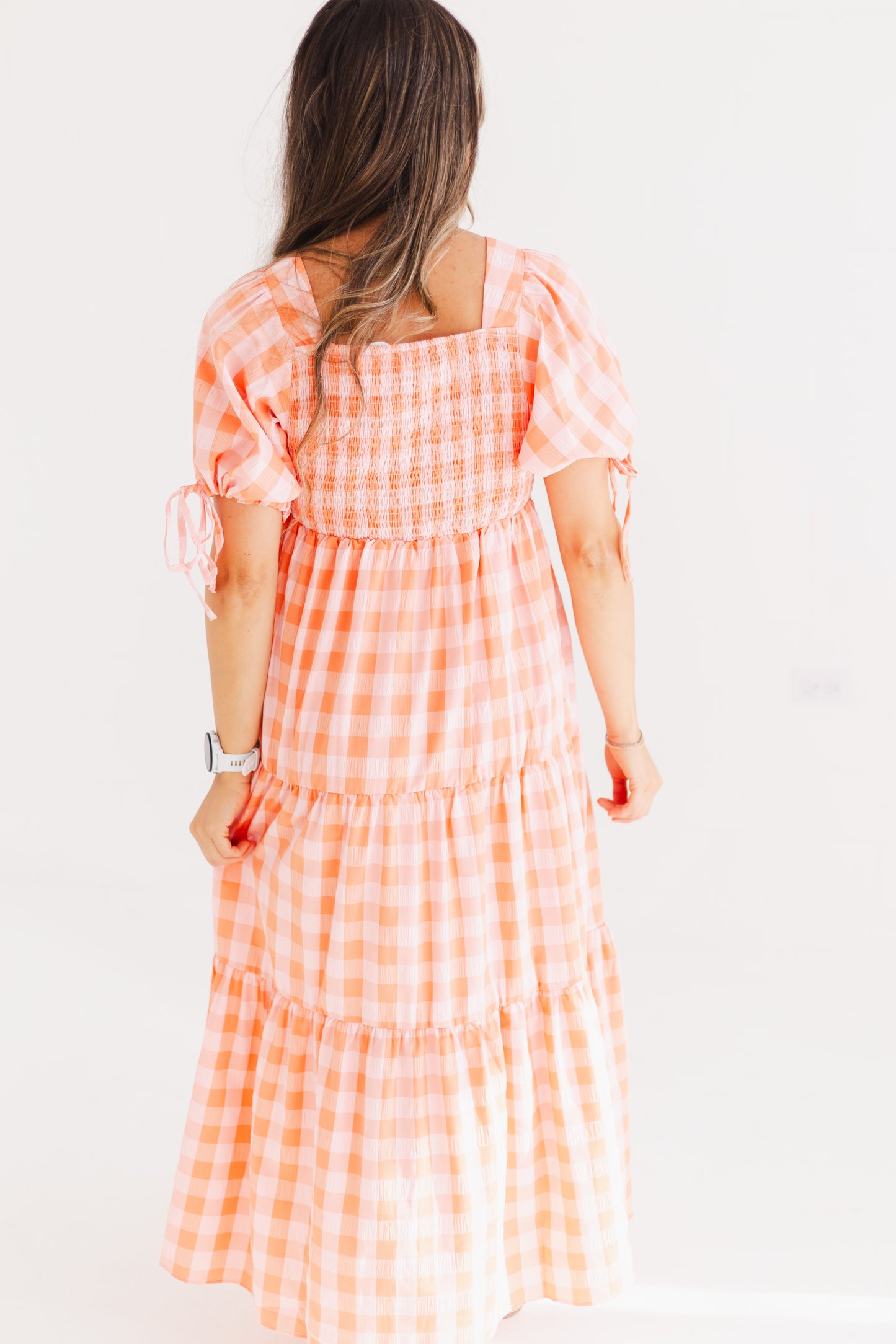 Salmon Check Patterned Puff Sleeve Maxi Dress