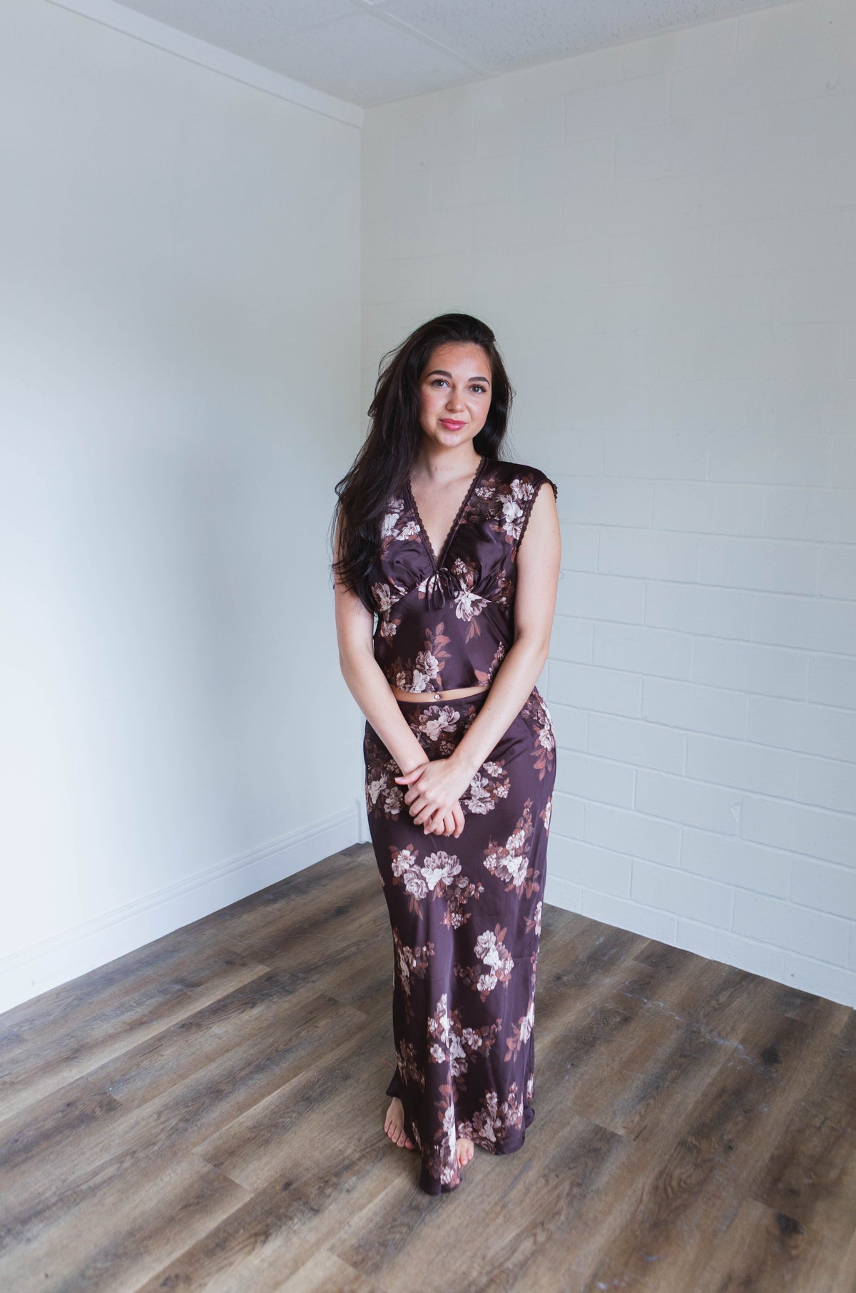 Brown & Cream Floral Satin Maxi Skirt