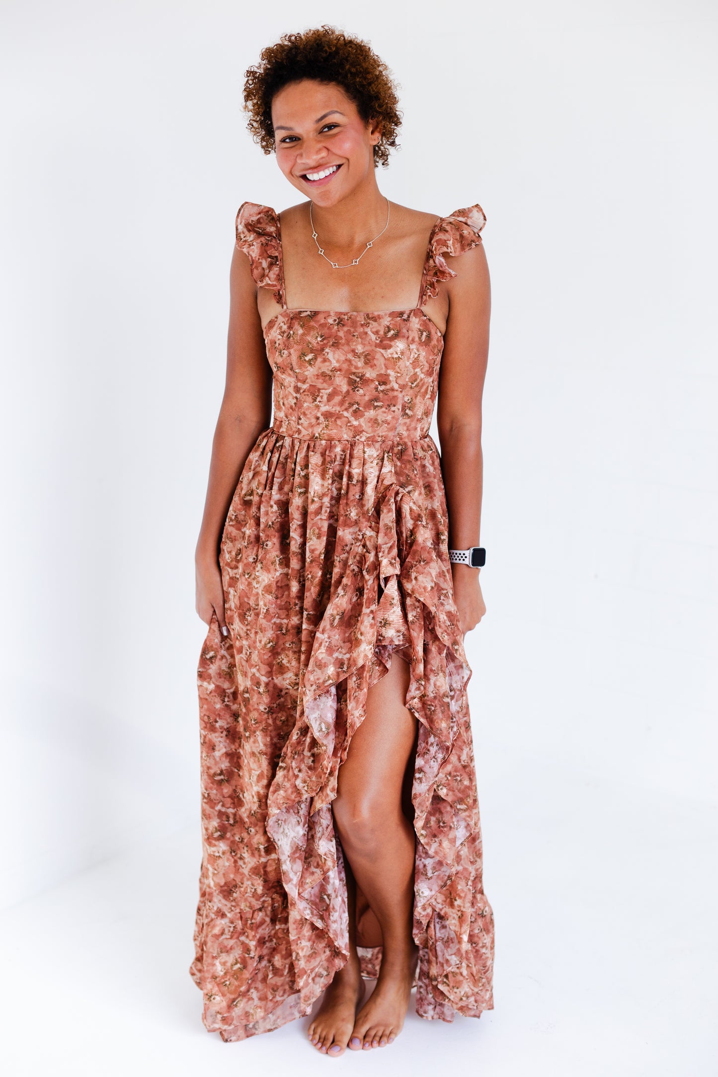 Brown Romantic Floral Print Maxi Dress