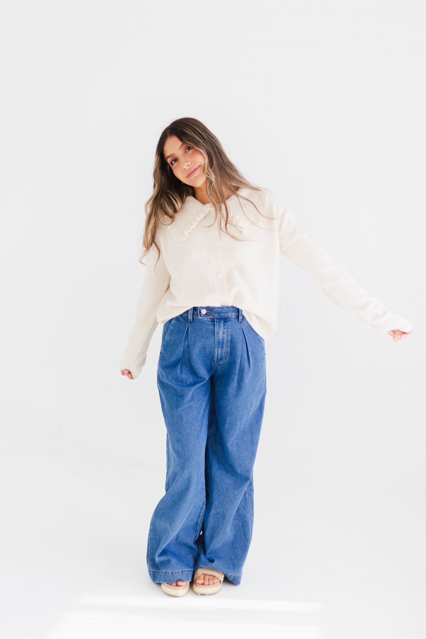 Medium Denim Pleated Wide Leg Denim Trousers