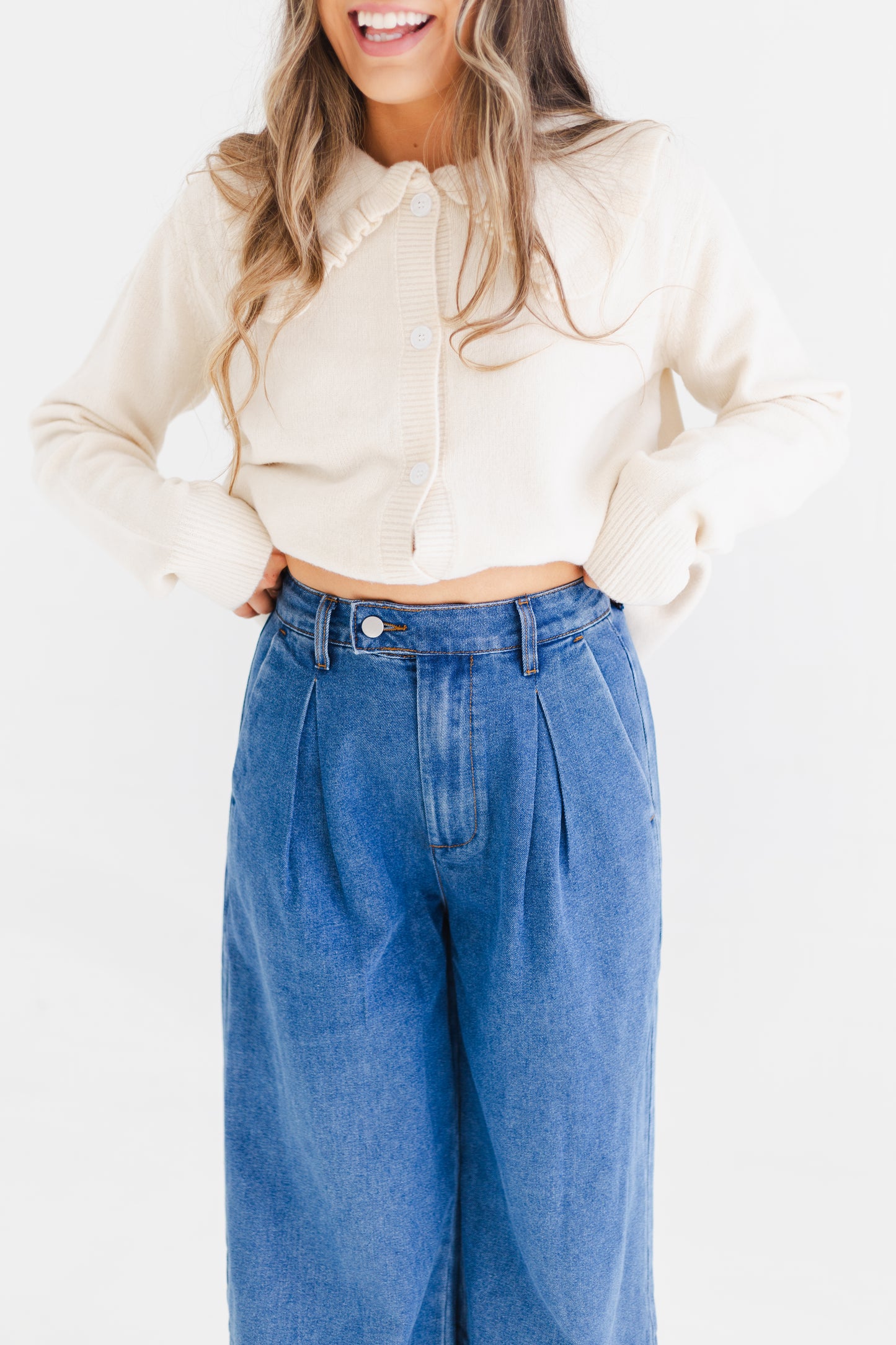 Medium Denim Pleated Wide Leg Denim Trousers