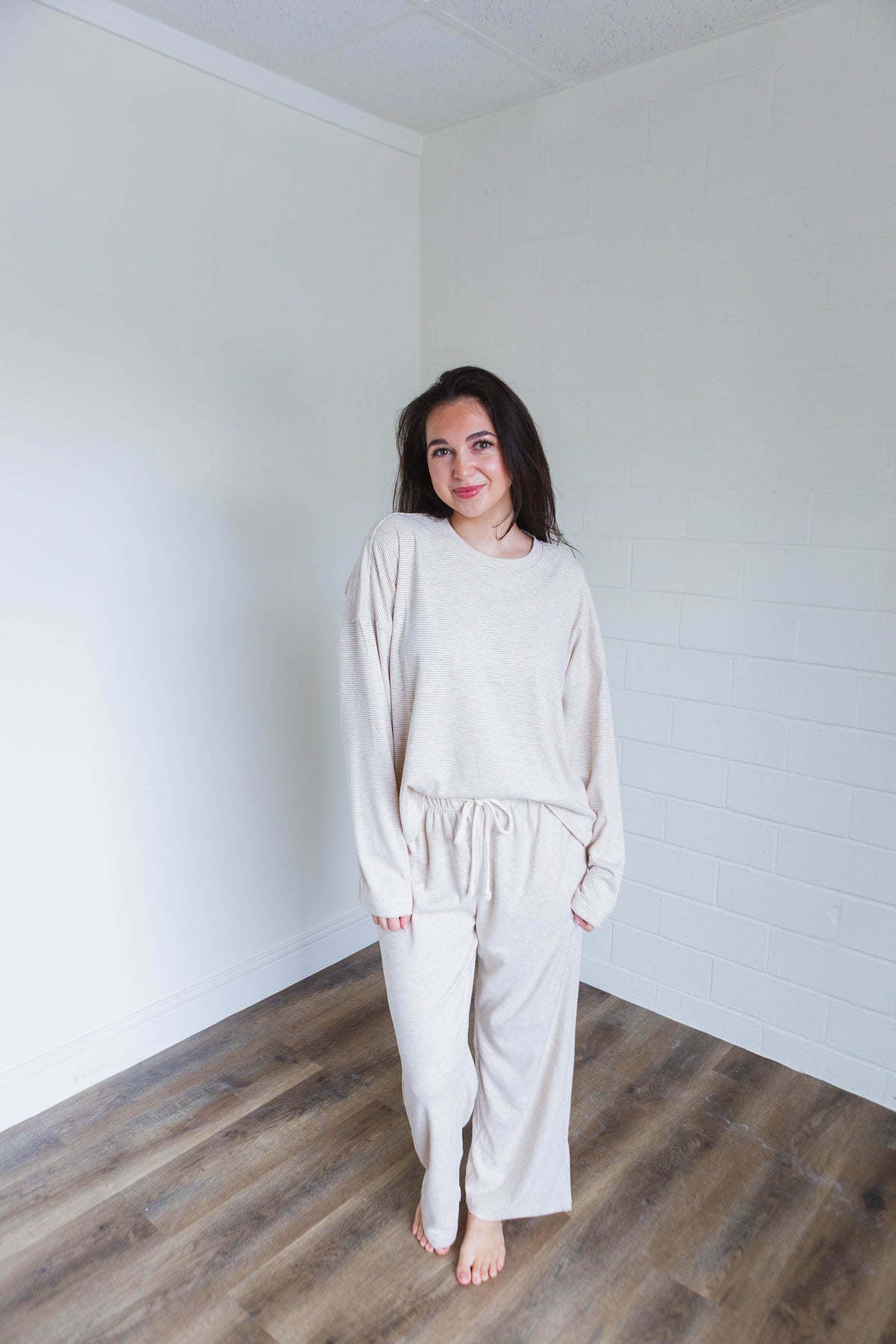 Taupe & Cream Striped Knit Top & Pants Set