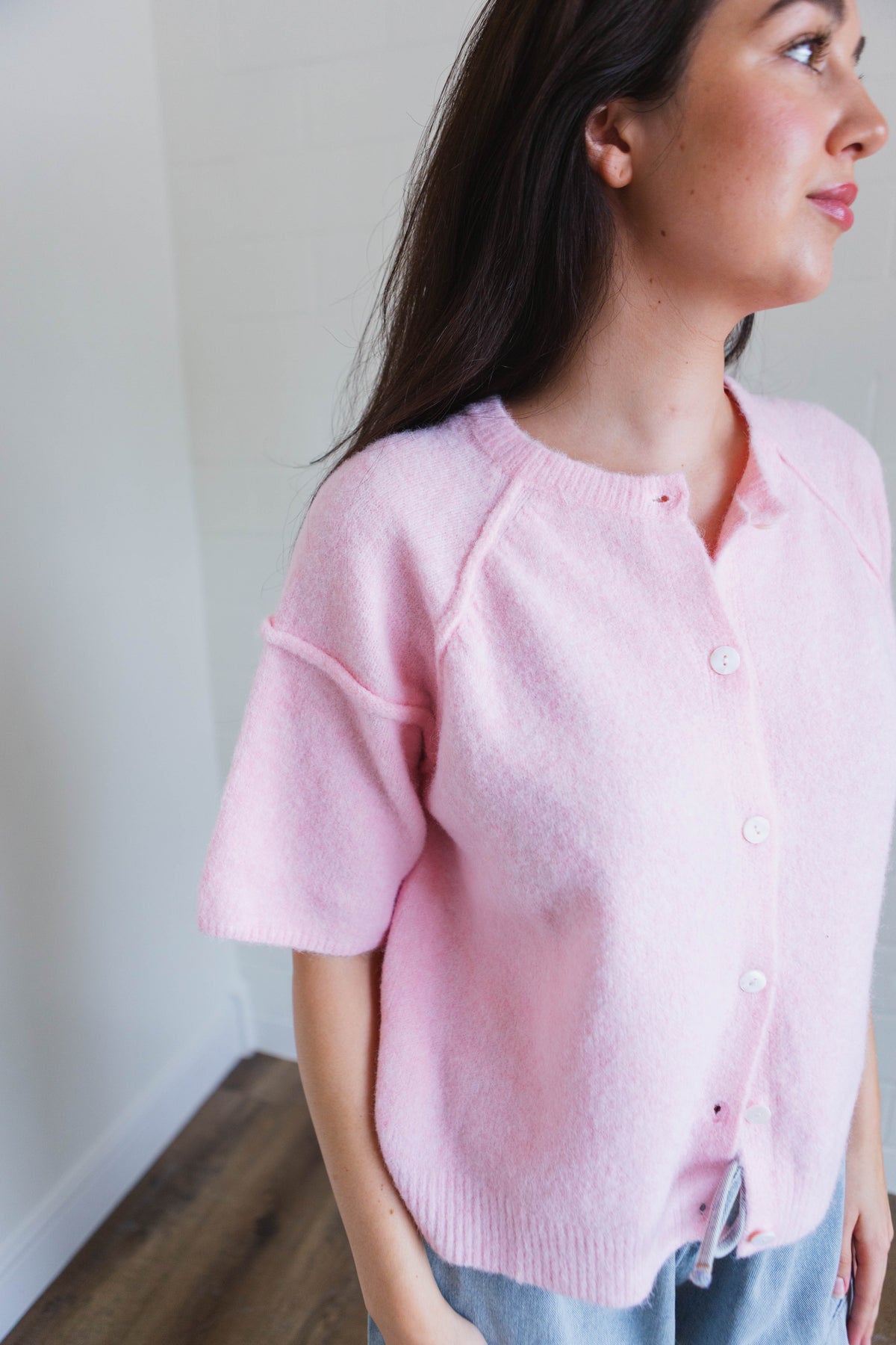 Pink Short Sleeve Sweater Cardigan