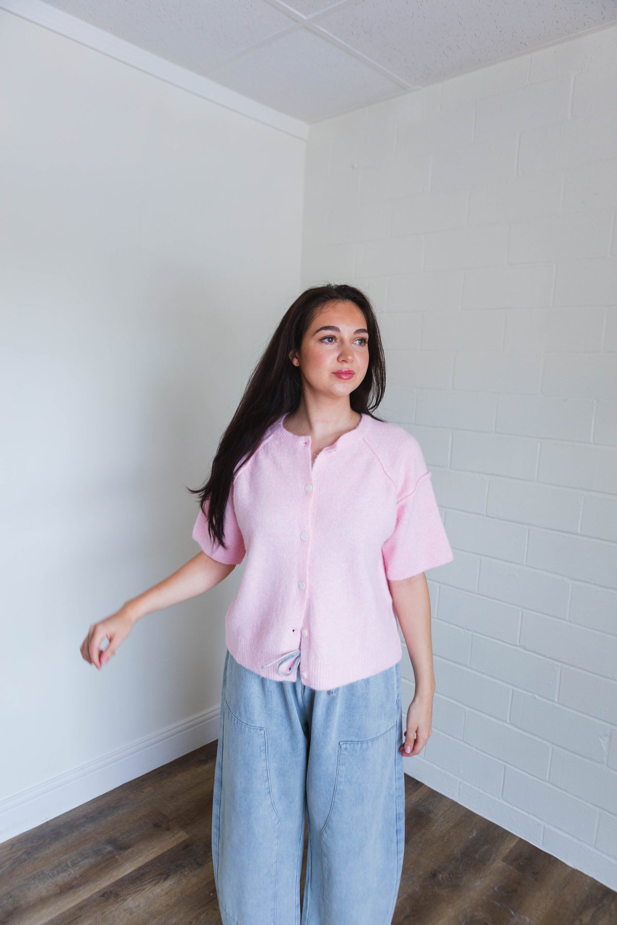 Pink Short Sleeve Sweater Cardigan