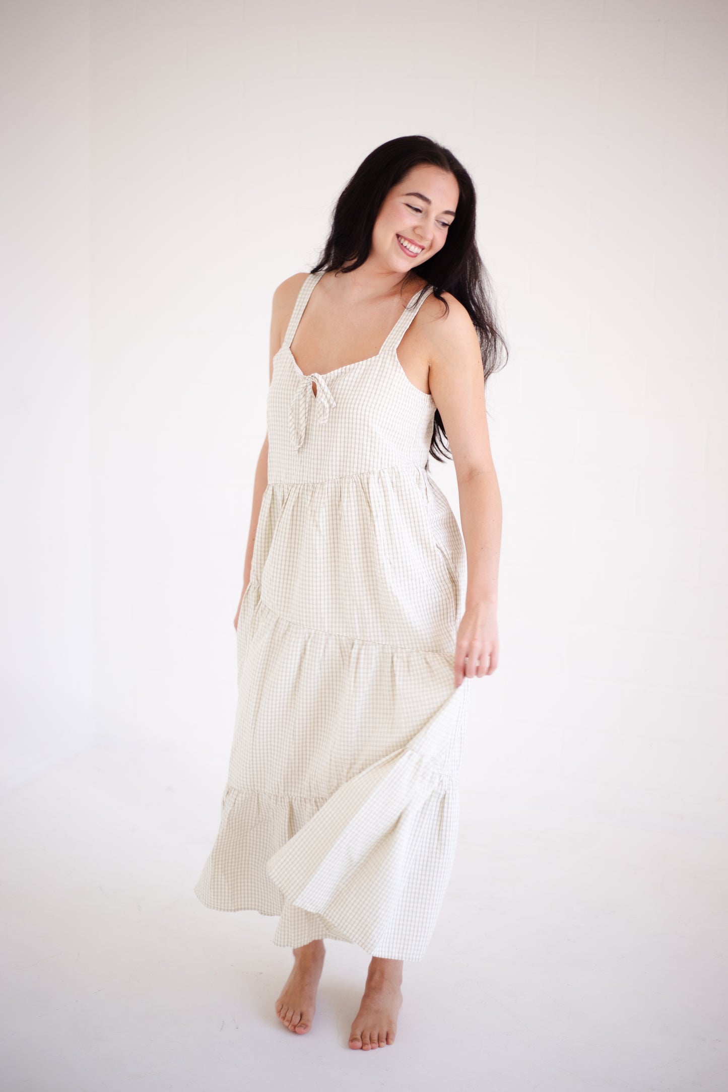 Taupe & Cream Plaid Asymmetrical Tiered Midi Dress
