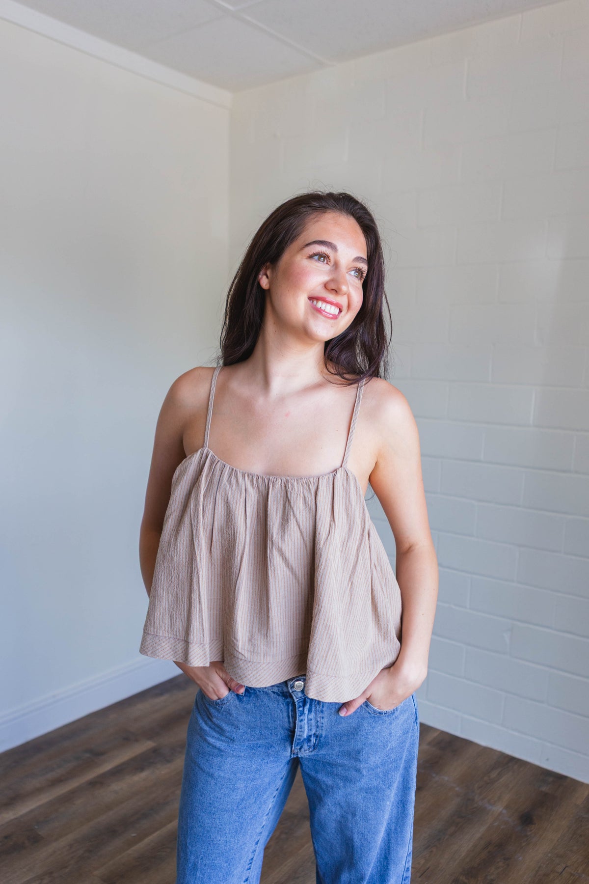 Stone Striped Pattern Spaghetti Strap Crop Top