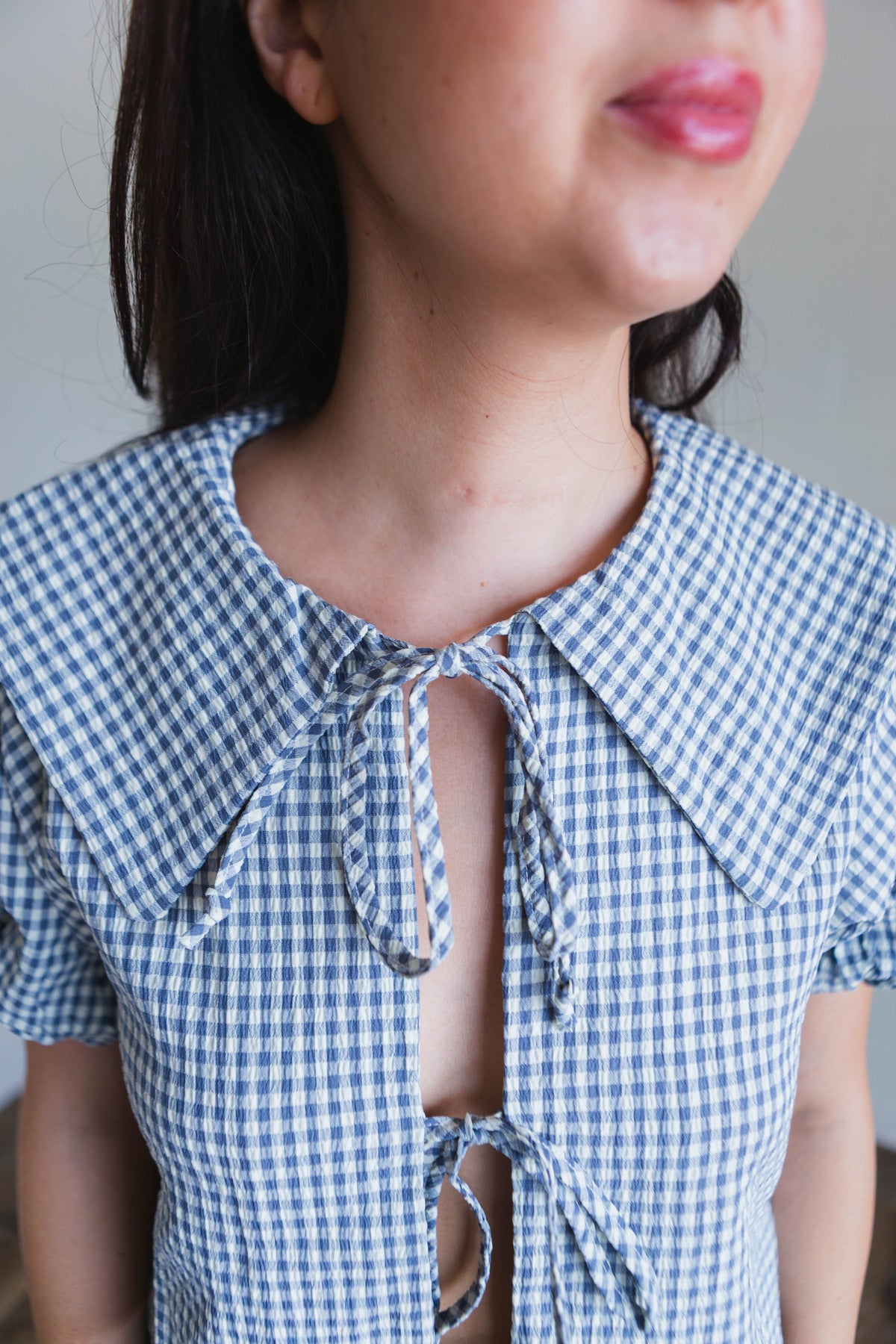Blue Gingham Patterned Bow Tie Top