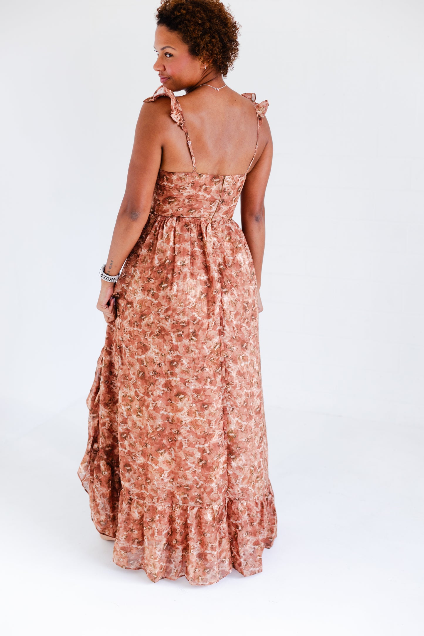 Brown Romantic Floral Print Maxi Dress