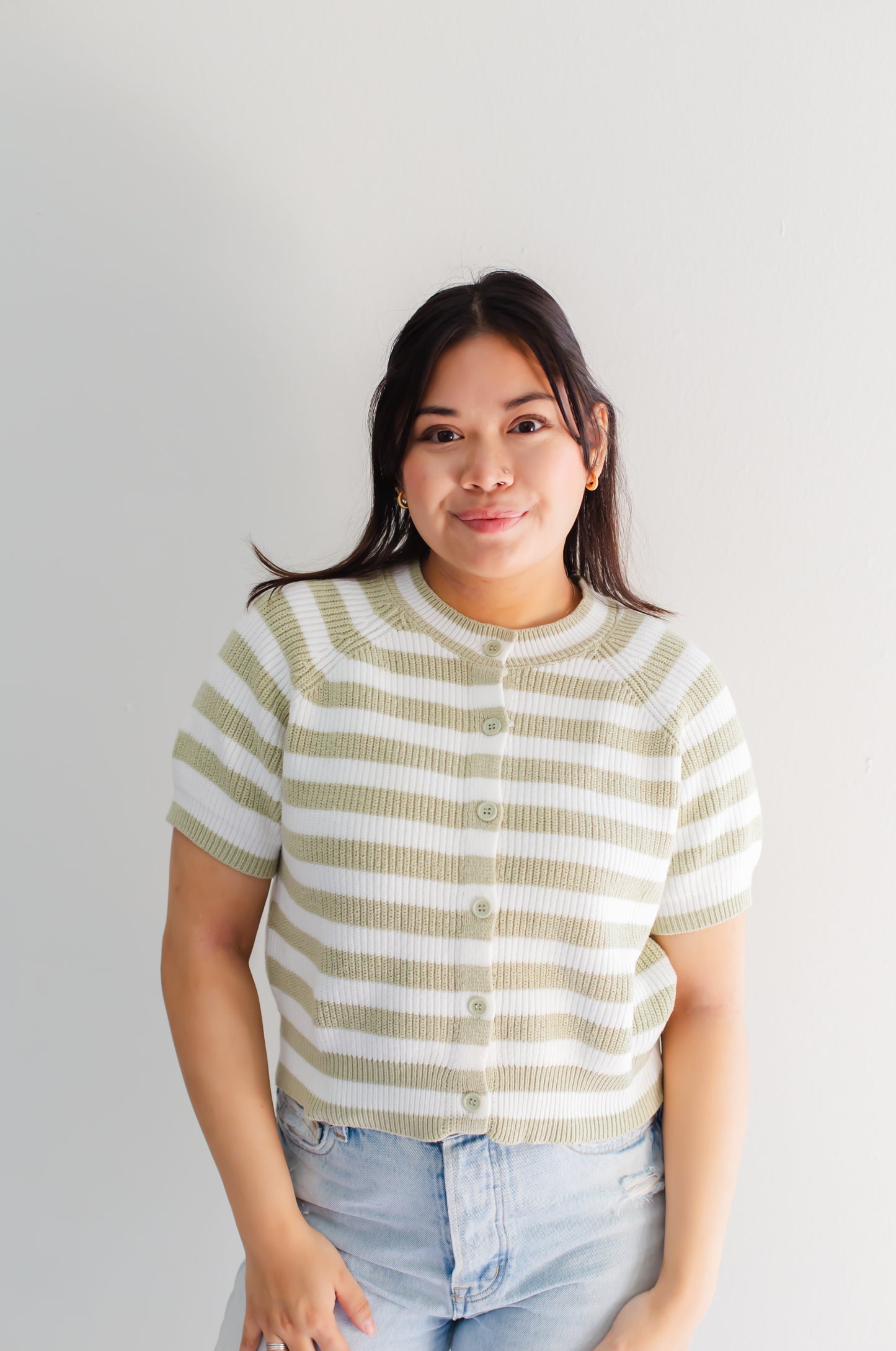 Raglan Short Sleeve Crew Neck  Sage & White Stripped Boxy Sweater