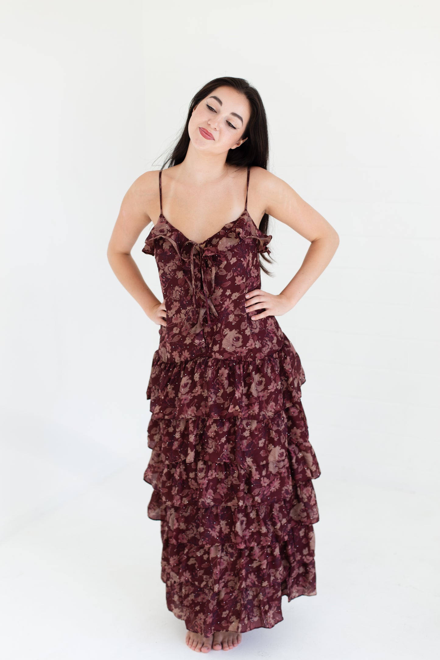 Wine Floral Print Ruffle Tiered Maxi