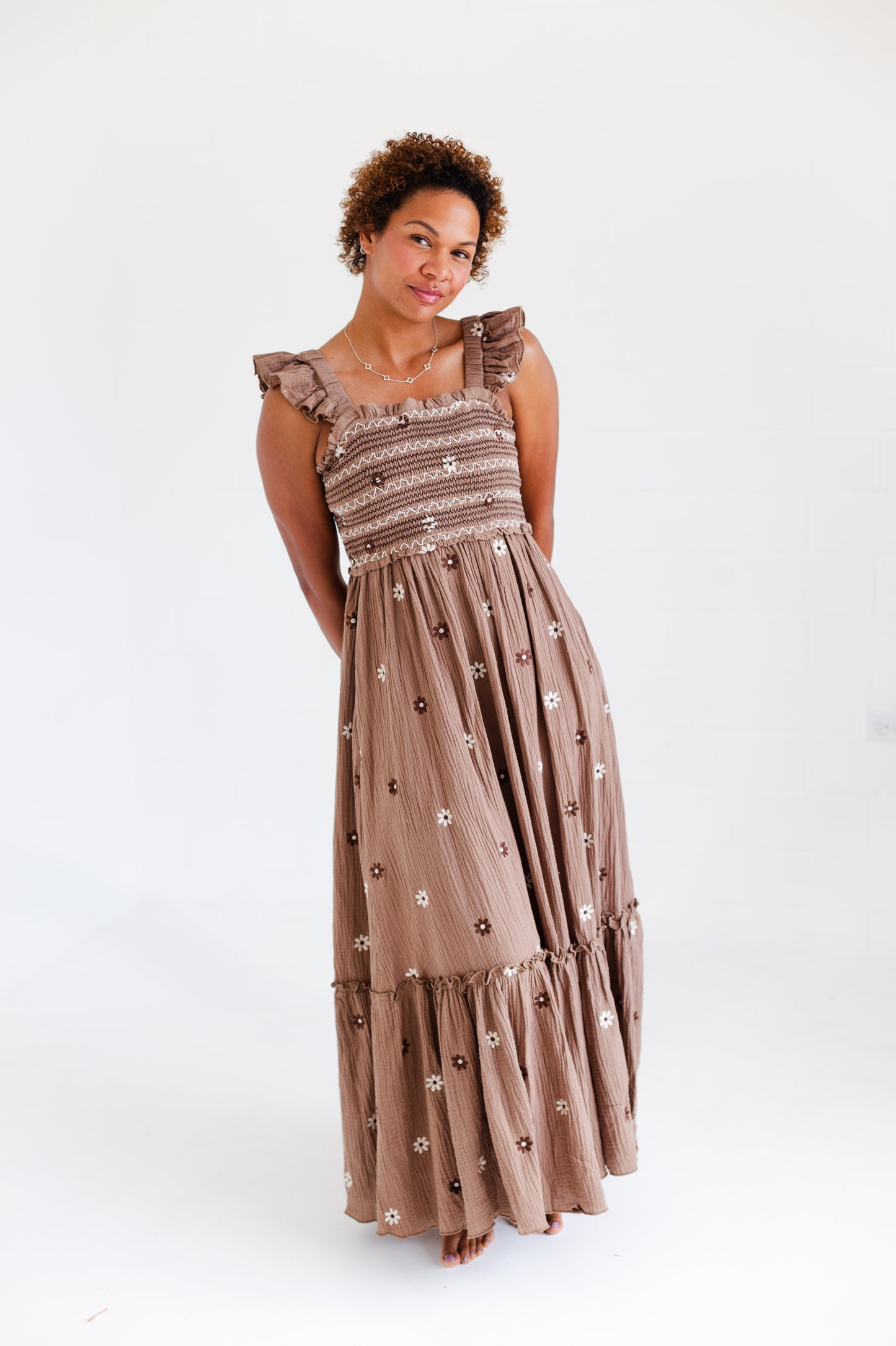 Brown Floral Embroidered Maxi Dress