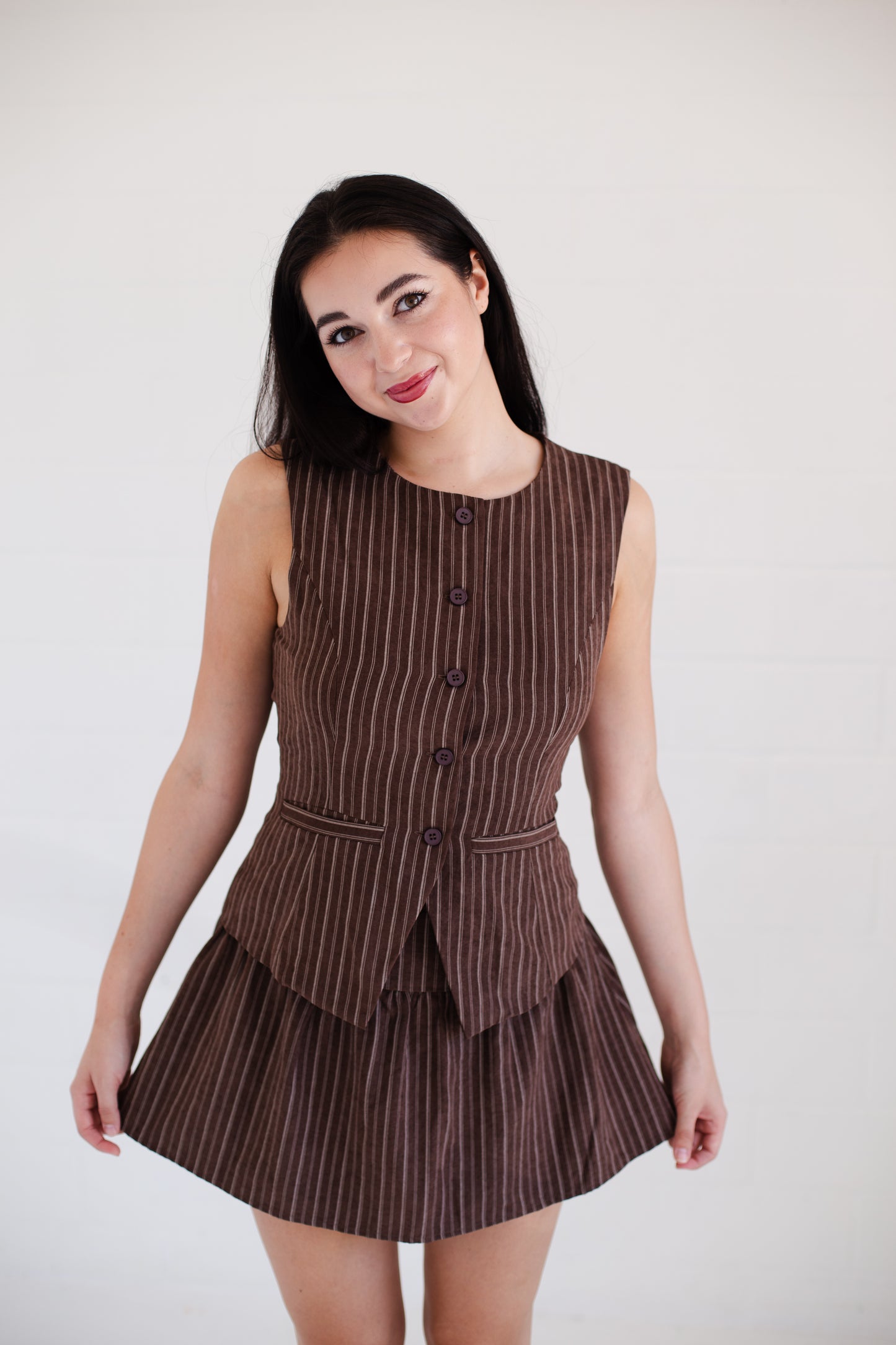Brown Stripe Round Neck Vest With Mini Skirt Set
